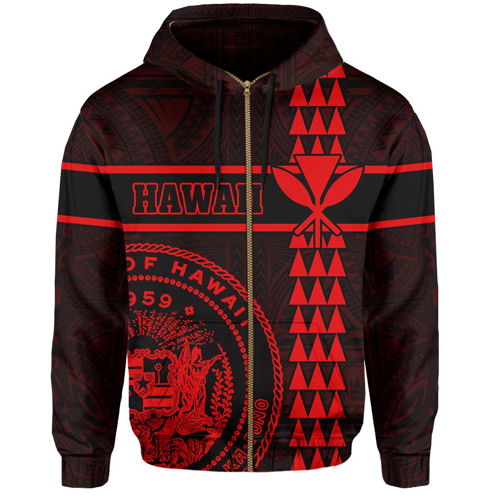 Polynesian Kakau Kanaka Seal of Hawaii Zip Hoodie Red - Polynesian Pride
