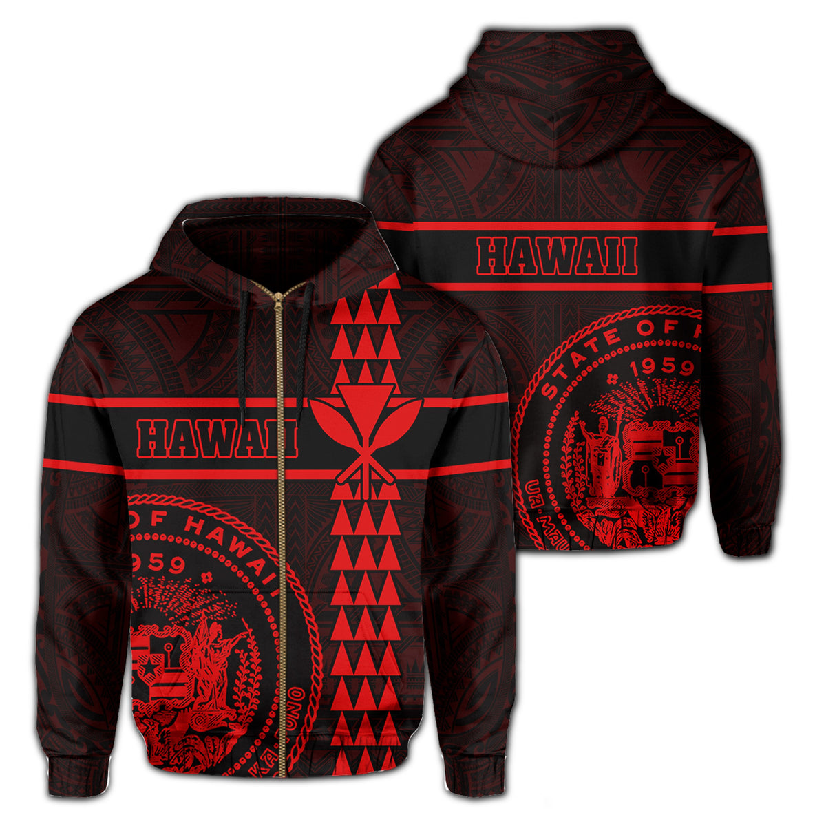 Polynesian Kakau Kanaka Seal of Hawaii Zip Hoodie Red Unisex Red - Polynesian Pride