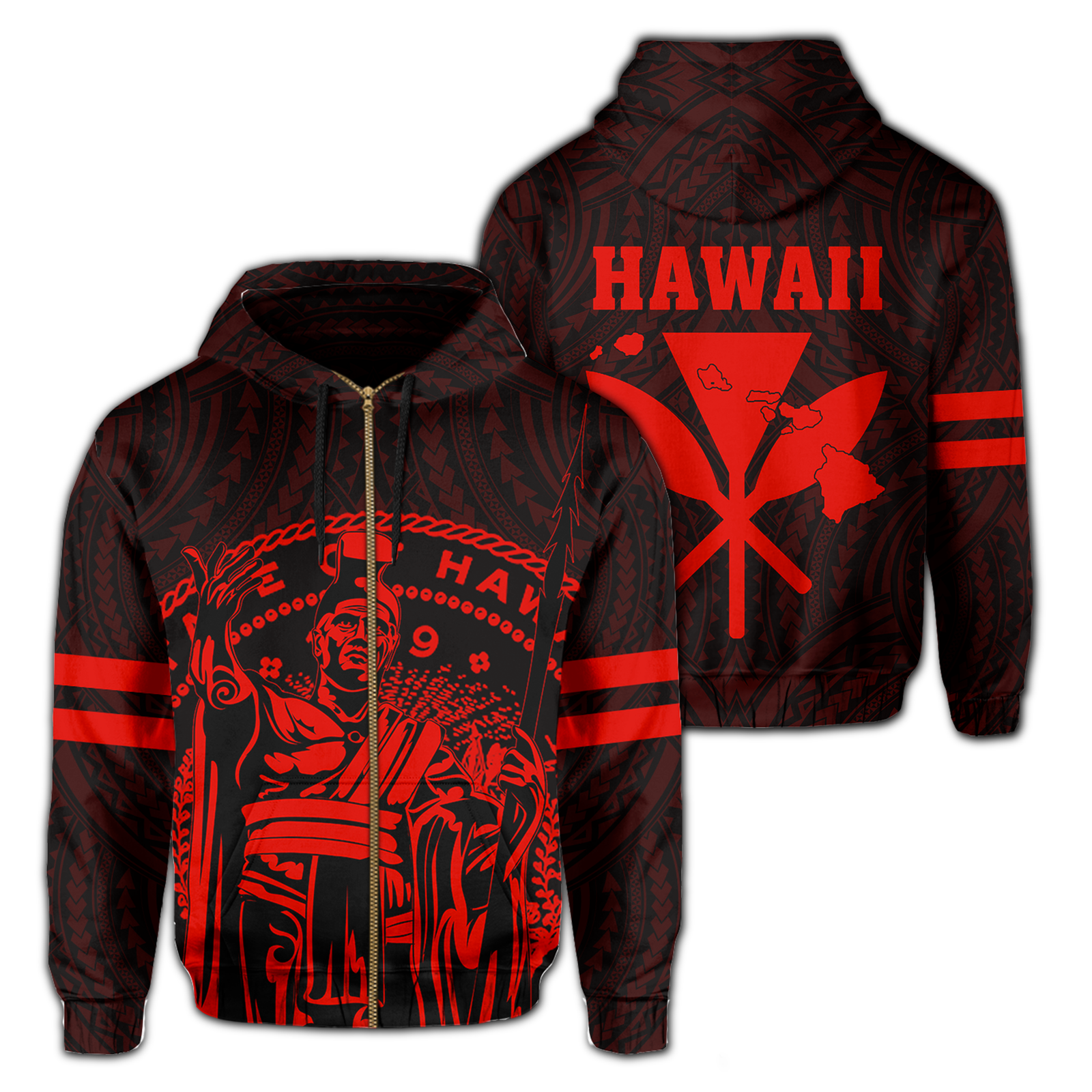 Polynesian King Kanaka Map Seal of Hawaii Zip Hoodie Red Unisex Red - Polynesian Pride