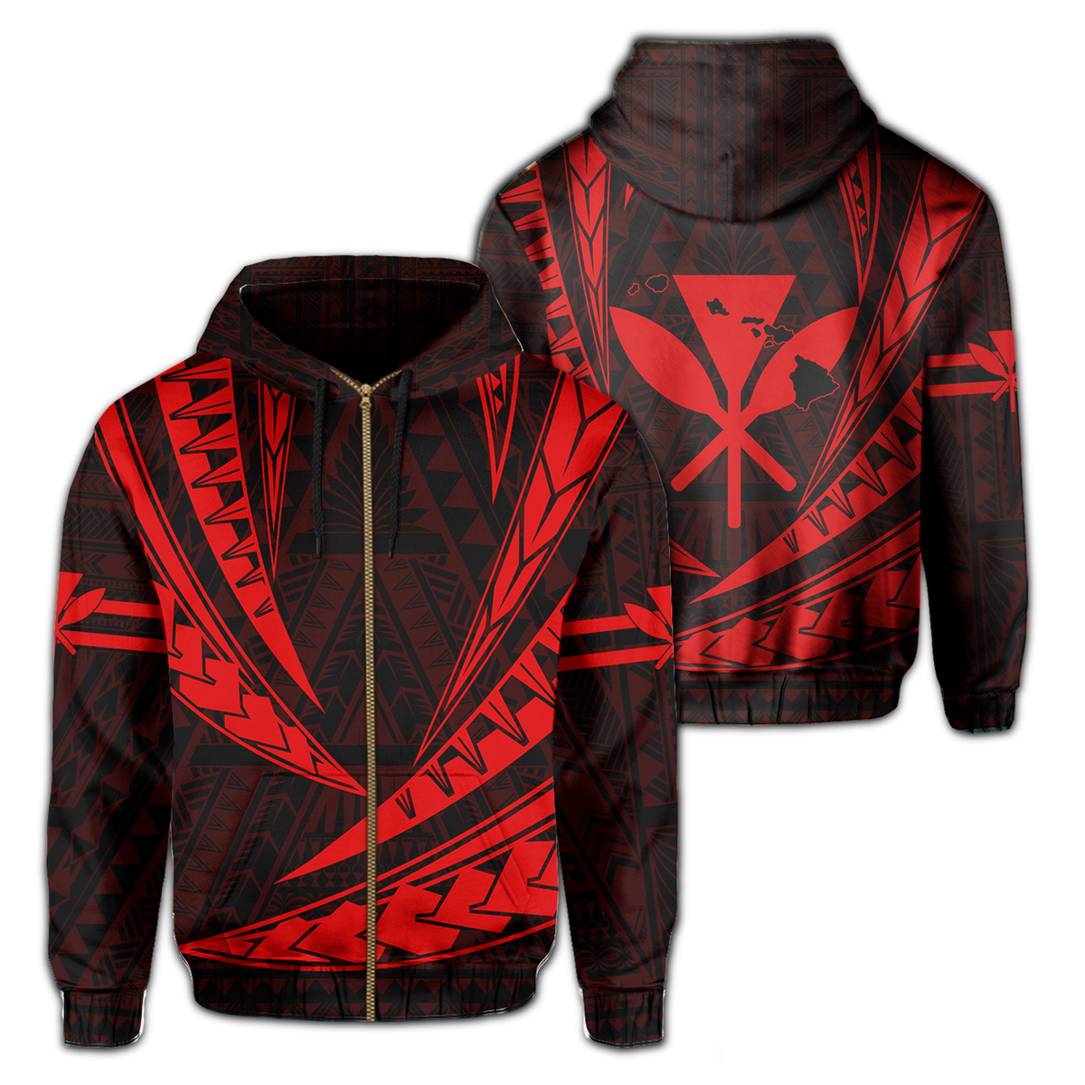 Polynesian Kakau Kanaka Maoli Map Hawaii Zip Hoodie Red Unisex Red - Polynesian Pride