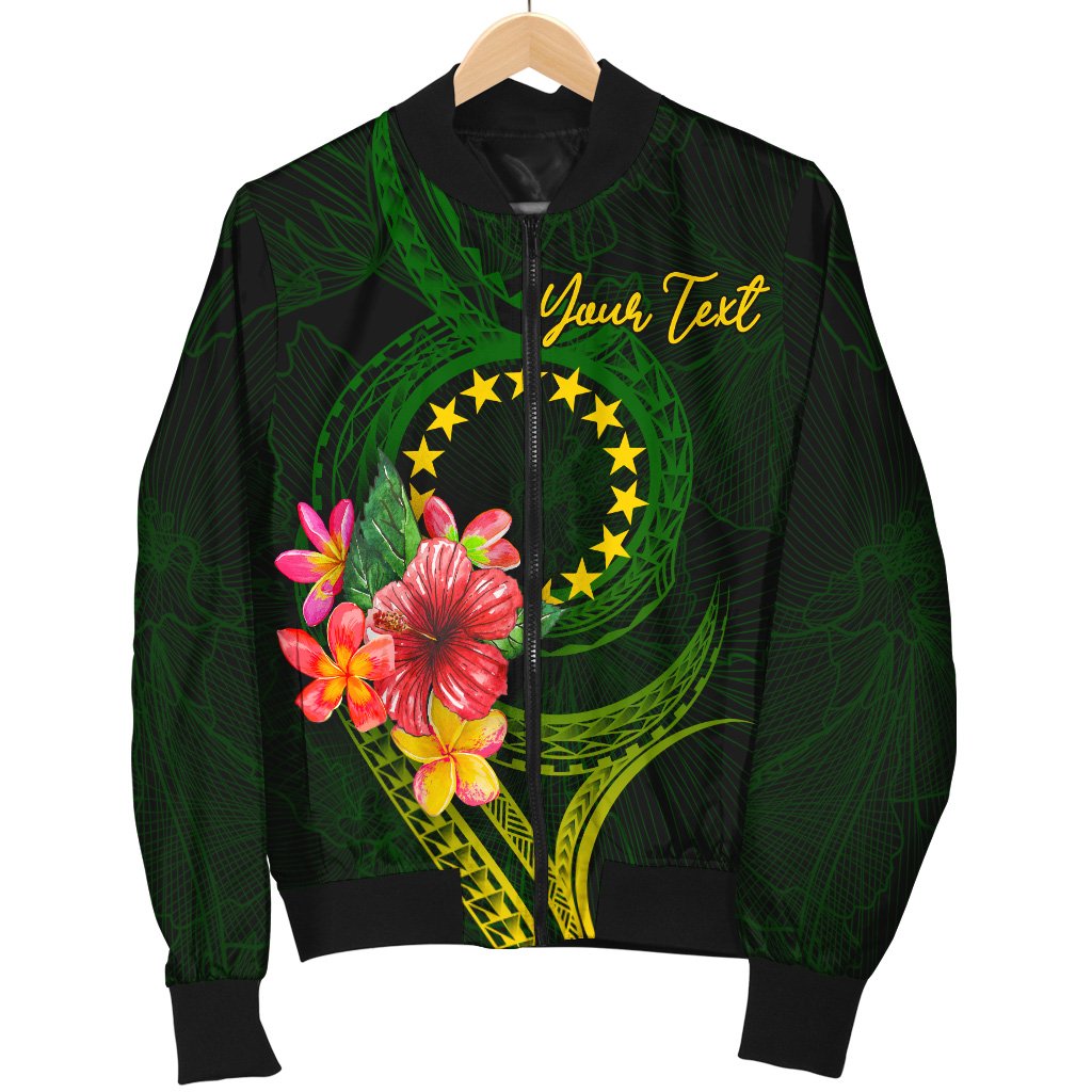 Cook Islands Polynesian Custom Personalised Bomber Jacket - Floral With Seal Flag Color Green Unisex - Polynesian Pride