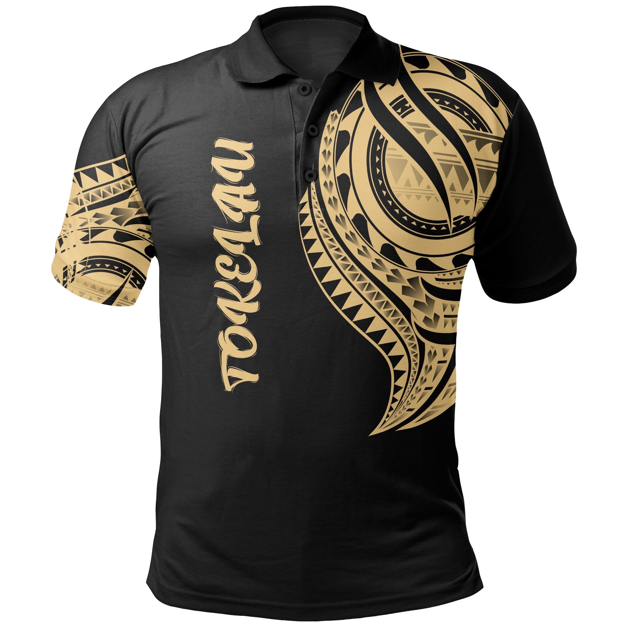 Tokelau Polo Shirt Tokelauan Tatau Gold Patterns Unisex Black - Polynesian Pride
