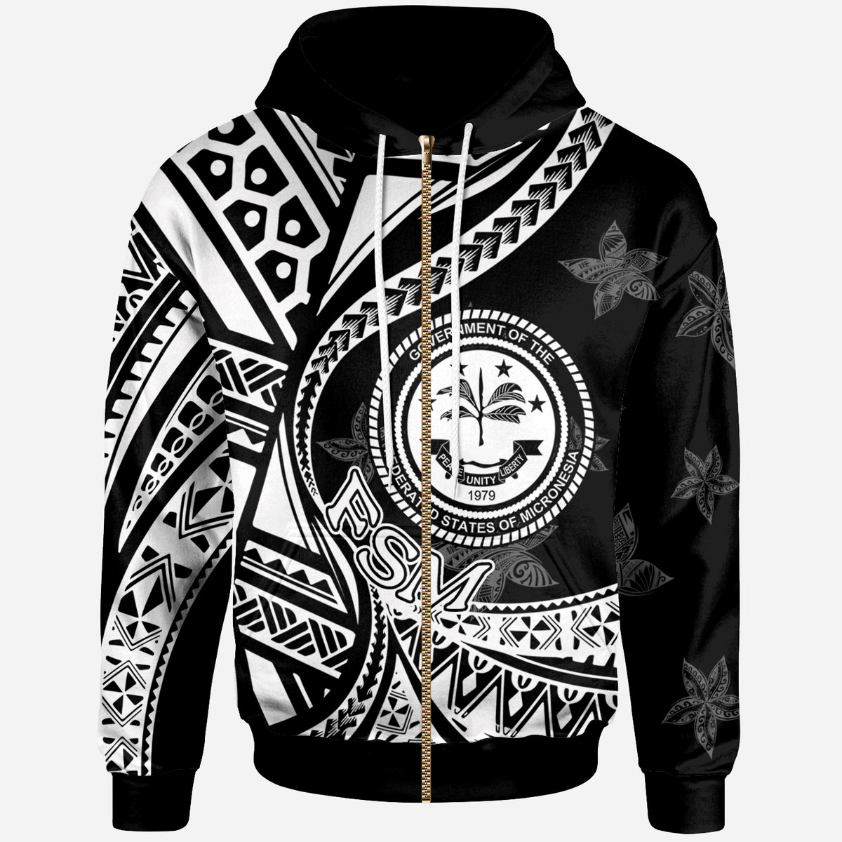 Federated States of Micronesia Zip Hoodie Plumeria Flowers White Version Unisex Black - Polynesian Pride