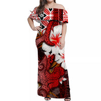 Hammerhead shark Off Shoulder Long Dress Hawaii Style Red LT6 Long Dress Red - Polynesian Pride