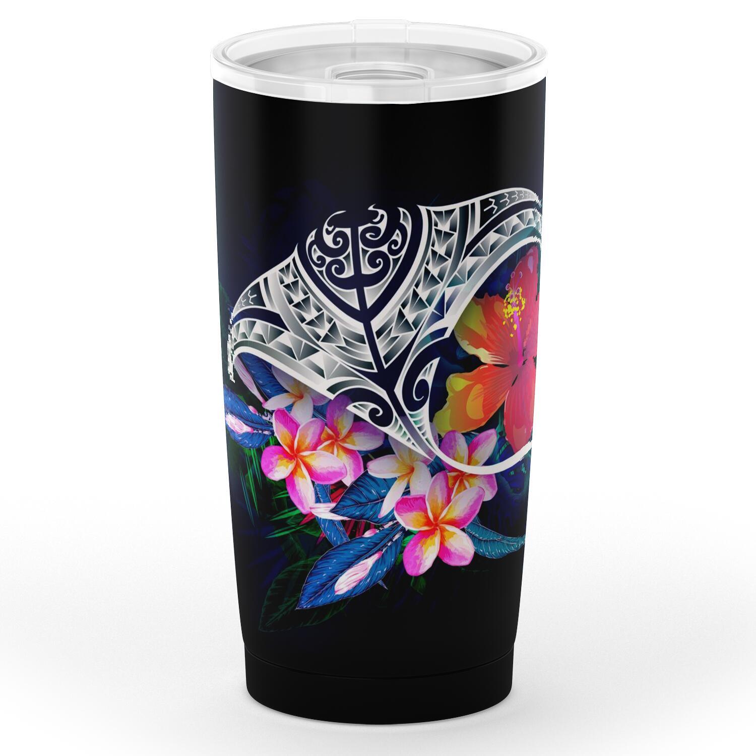Polynesian Tumbler - Manta Ray And Hibiscus Flowers