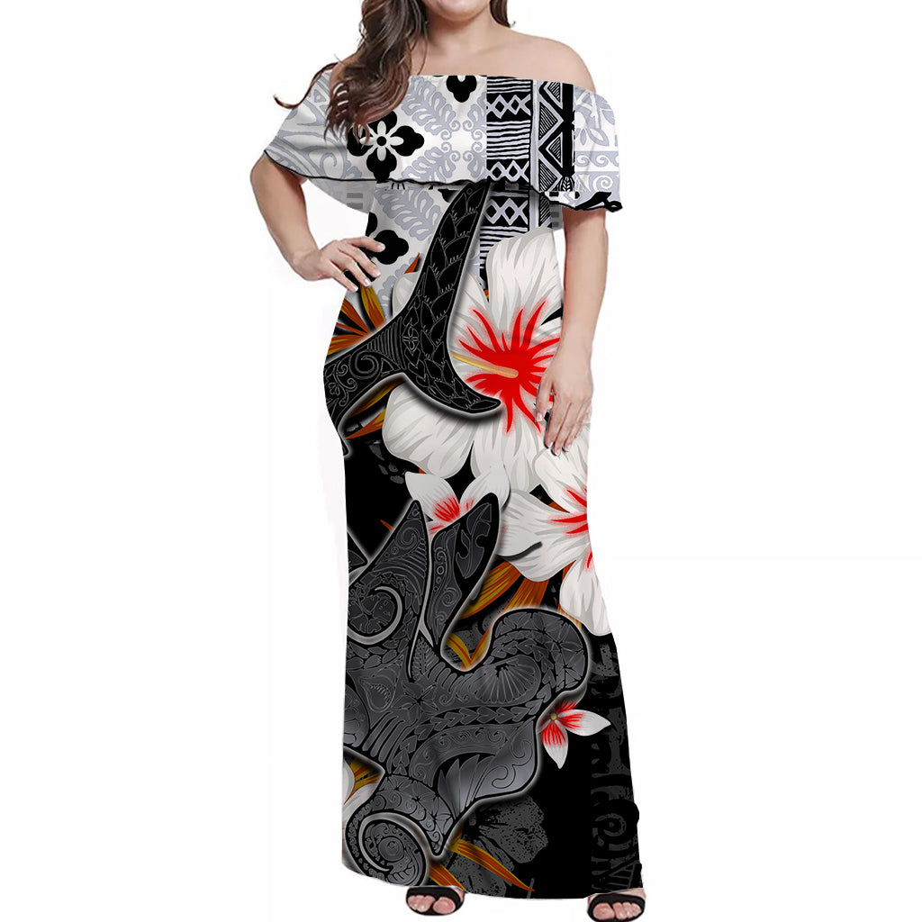 Custom Hawaiian Tribal Hammerhead Shark Tattoo Matching Hawaiian Shirt and Dress with Polynesian Hibiscus Black White LT6 - Polynesian Pride