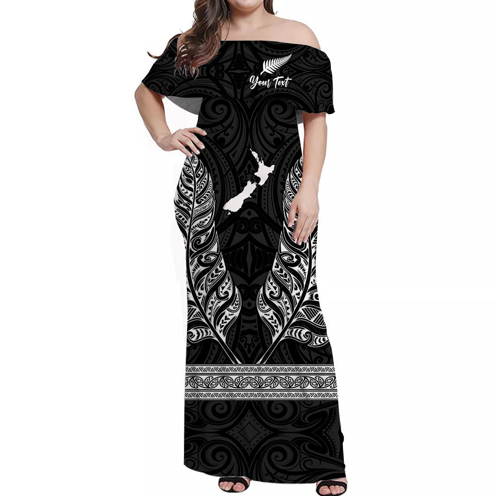 (Custom Personalised) New Zealand Silver Fern Off Shoulder Long Dress Maori Pattern Black LT13 Women Black - Polynesian Pride