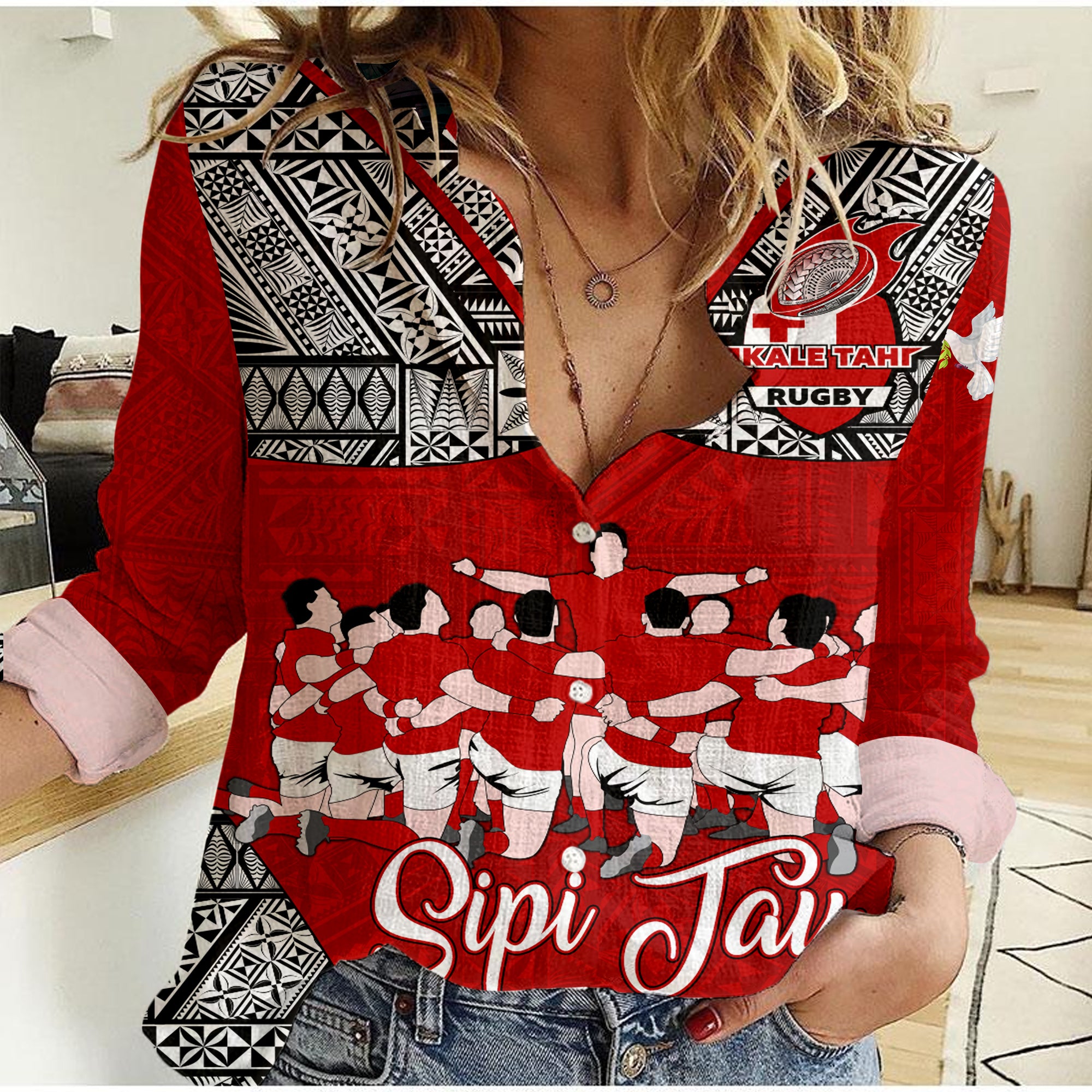 (Custom Personalised) Tonga Rugby Ikale Tahi Sipi Tau Women Casual Shirt - LT2 Female RED - Polynesian Pride