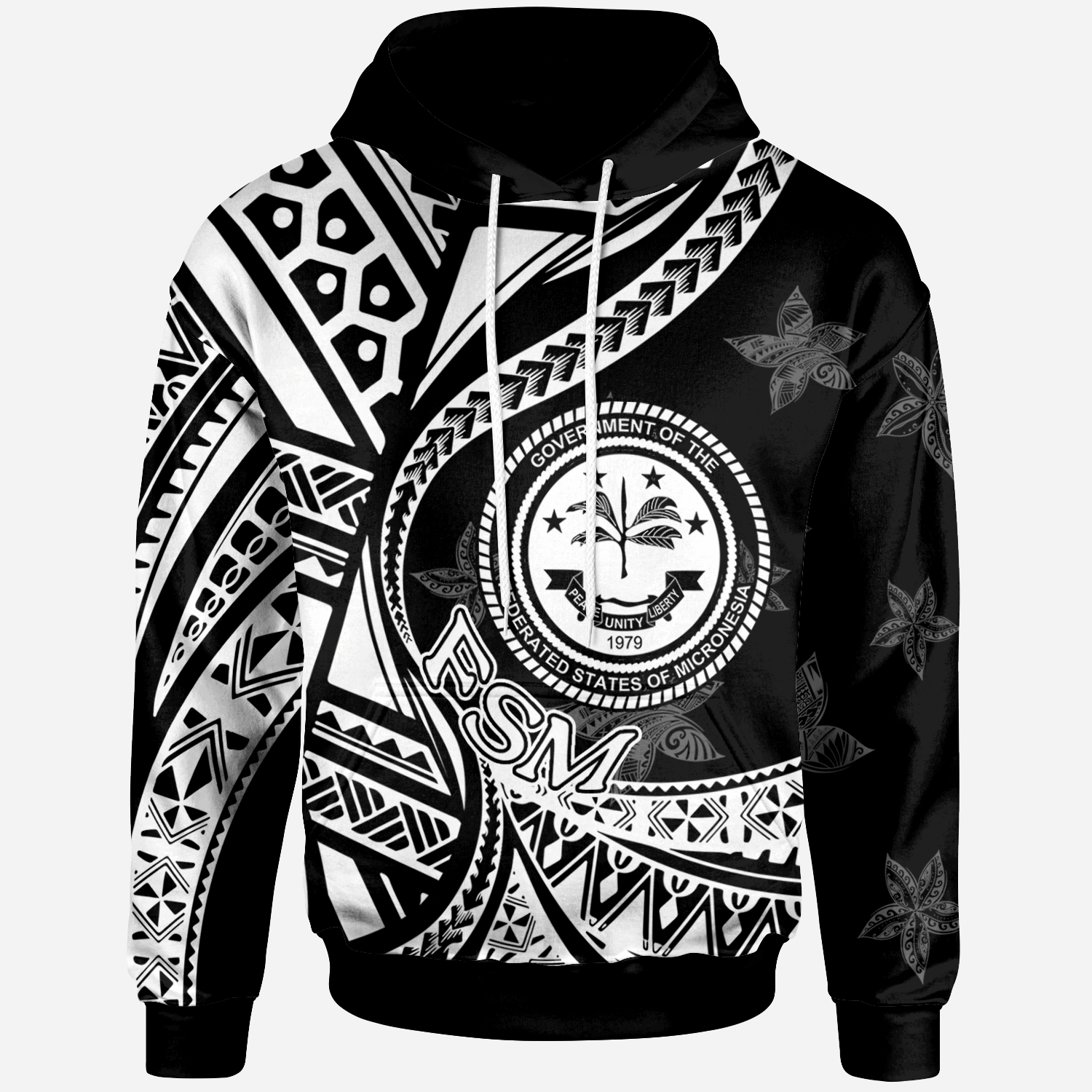 Federated States of Micronesia Hoodie Plumeria Flowers White Version Unisex Black - Polynesian Pride