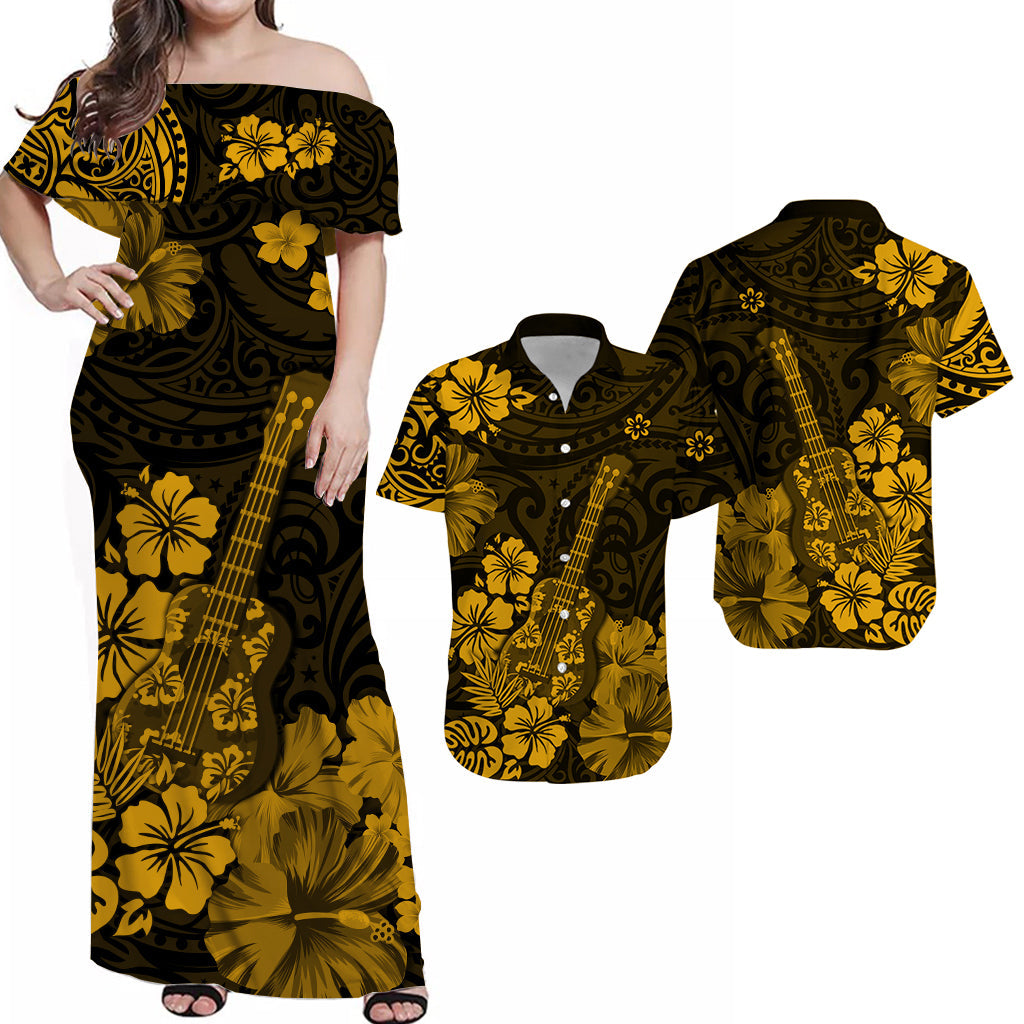 Hawaii Matching Dress and Hawaiian Shirt Polynesia Gold Ukulele Flowers LT13 Gold - Polynesian Pride