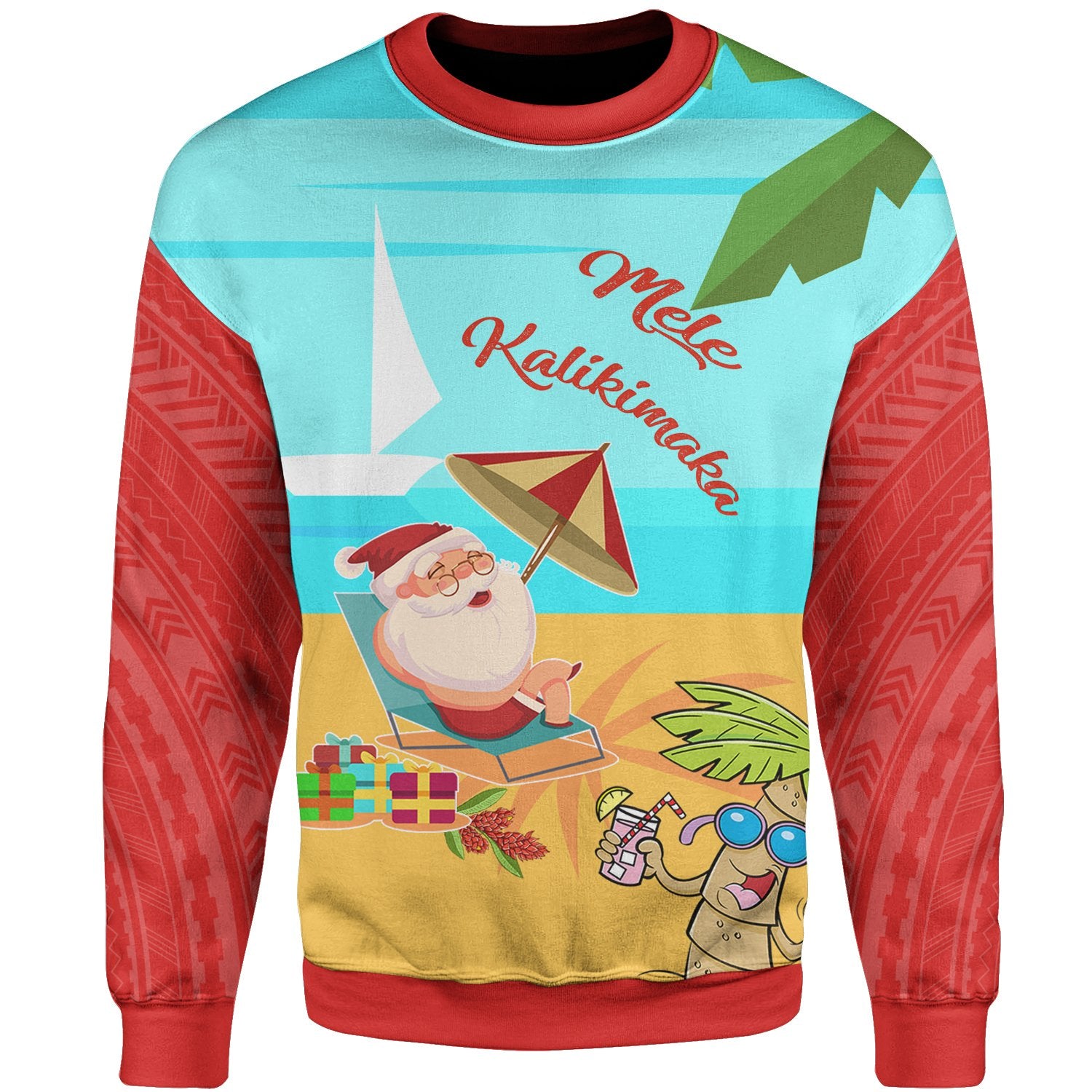 Mele Kalikimaka Sweatshirt - Santa Claus On The Beach Unisex Red - Polynesian Pride