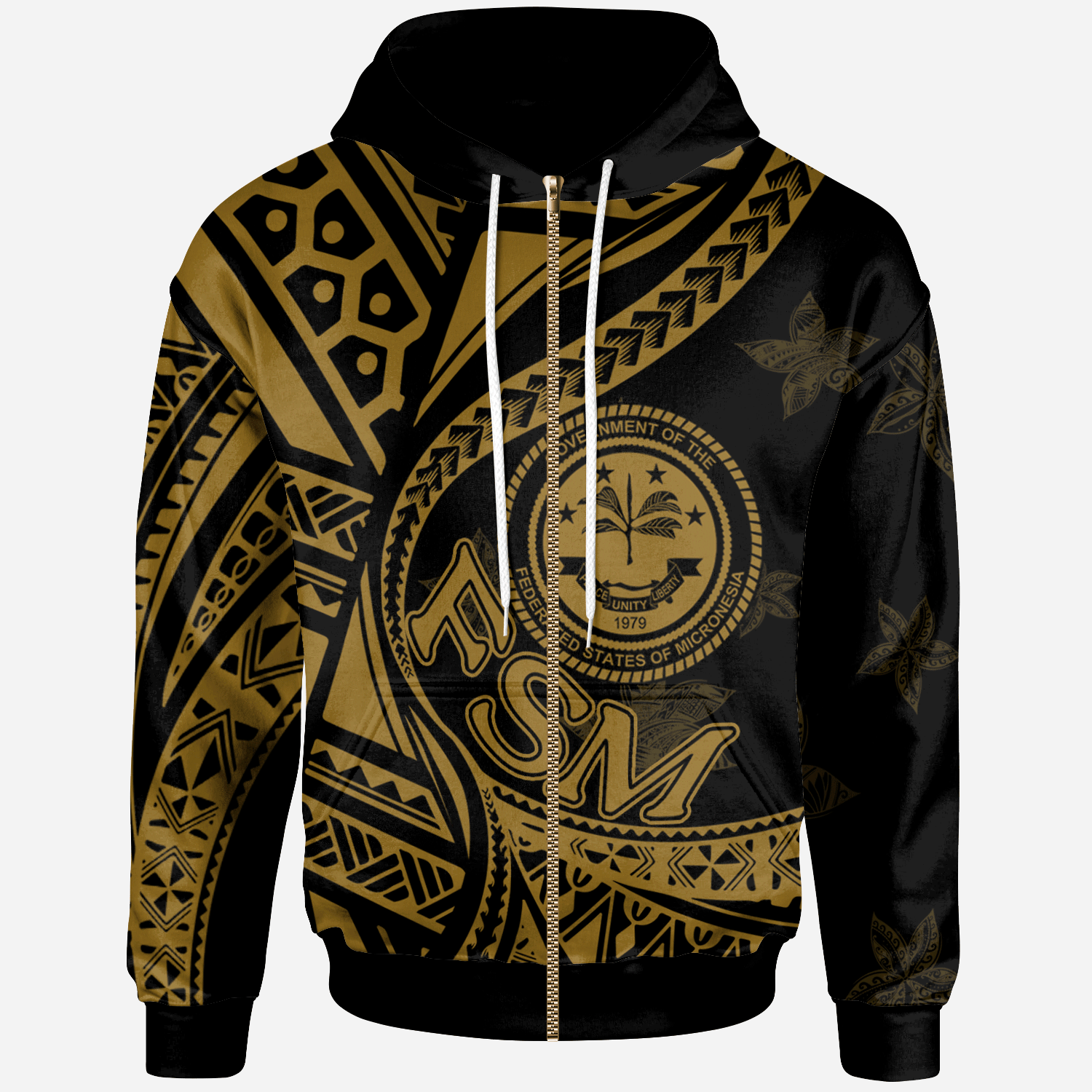 Federated States of Micronesia Zip Hoodie Plumeria Flowers Gold Version Unisex Black - Polynesian Pride