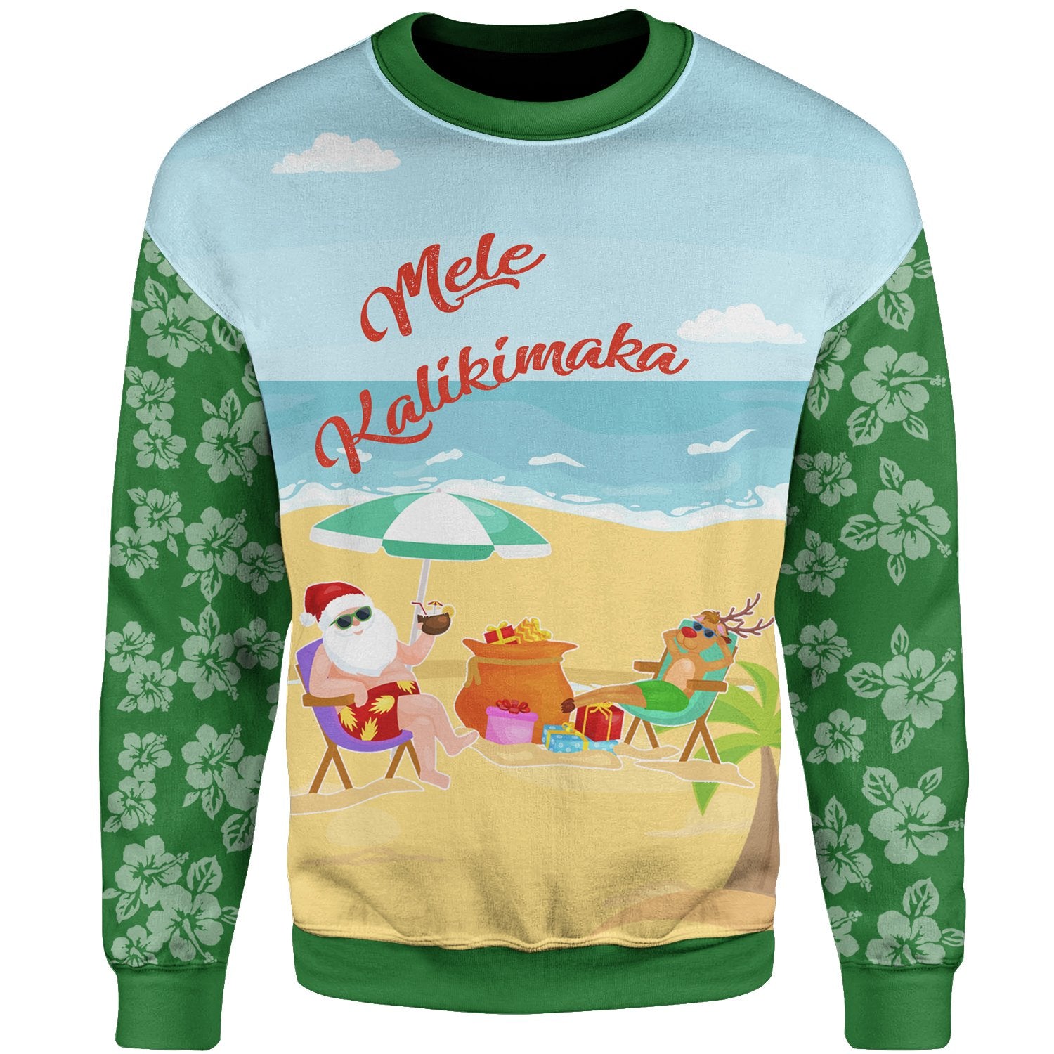 Mele Kalikimaka Sweatshirt - Santa Claus And Reindeer On The Beach Green Color Unisex Green - Polynesian Pride