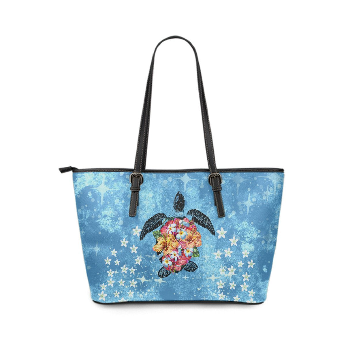 Personalized - Hawaii Turtle Hibiscus Plumeria Blue Large Leather Tote Bag - Polynesian Pride