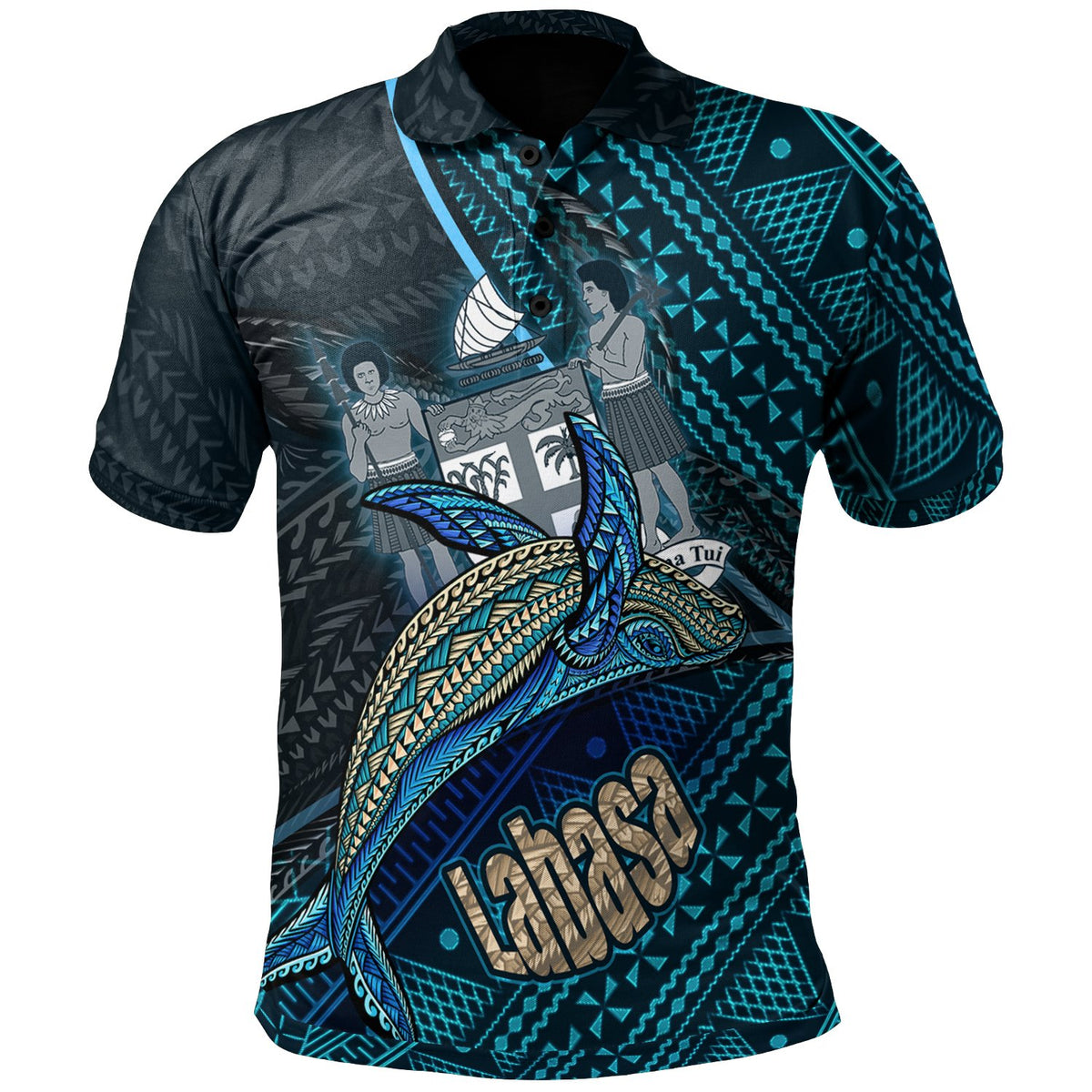 Fiji Polo Shirt Labasa Seal Fiji With Blue Whale Unisex Black - Polynesian Pride