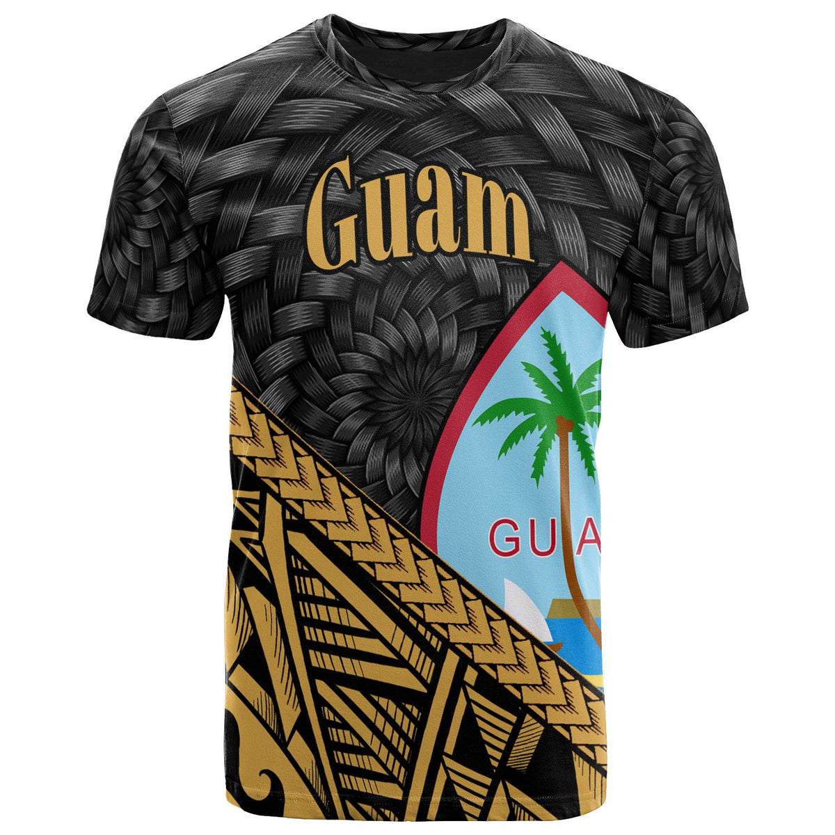 Guam T Shirt Gold Tapa Patterns With Bamboo Unisex Black - Polynesian Pride