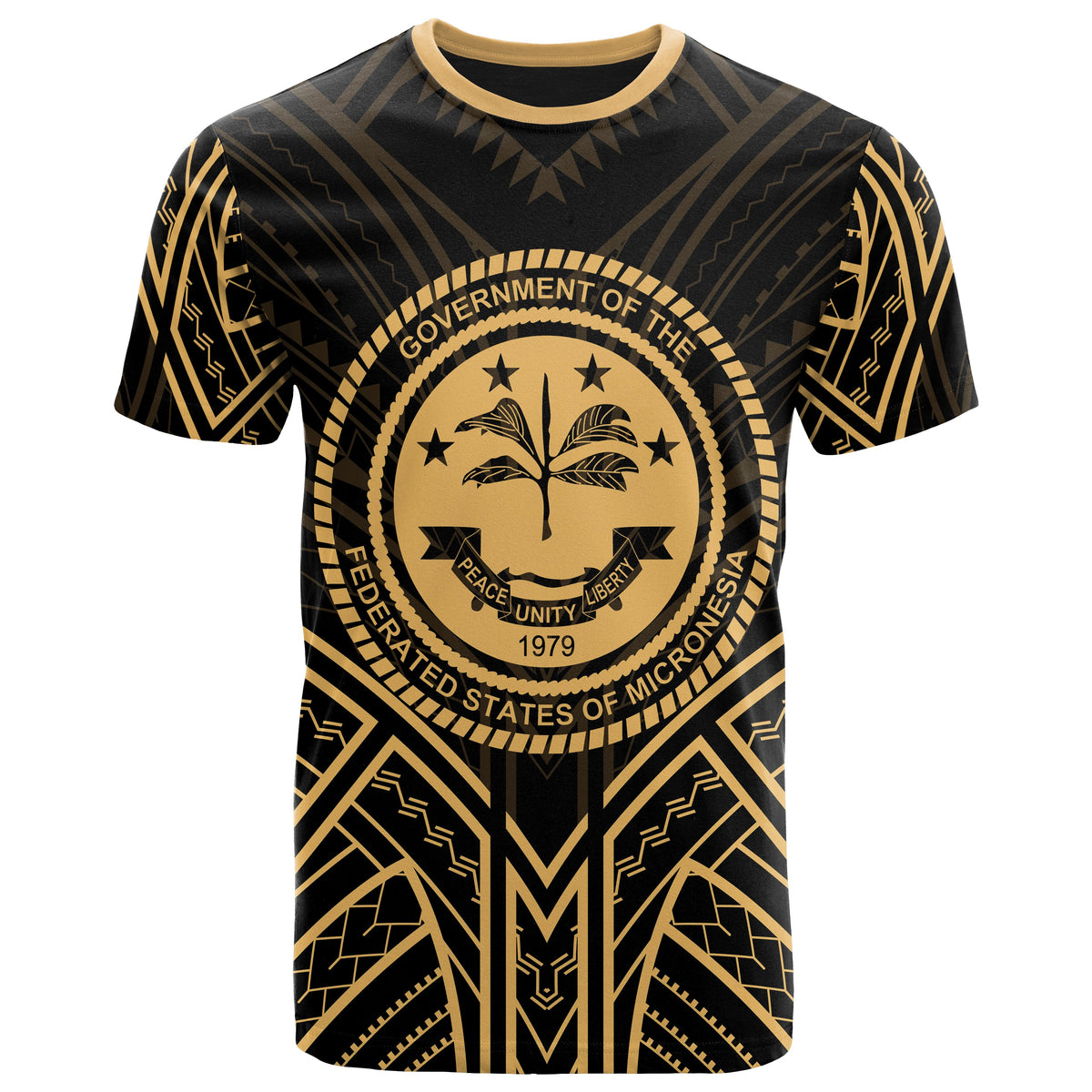 Federated States of Micronesia T Shirt FSM Seal Tribal Gold Color Patterns Unisex Black - Polynesian Pride