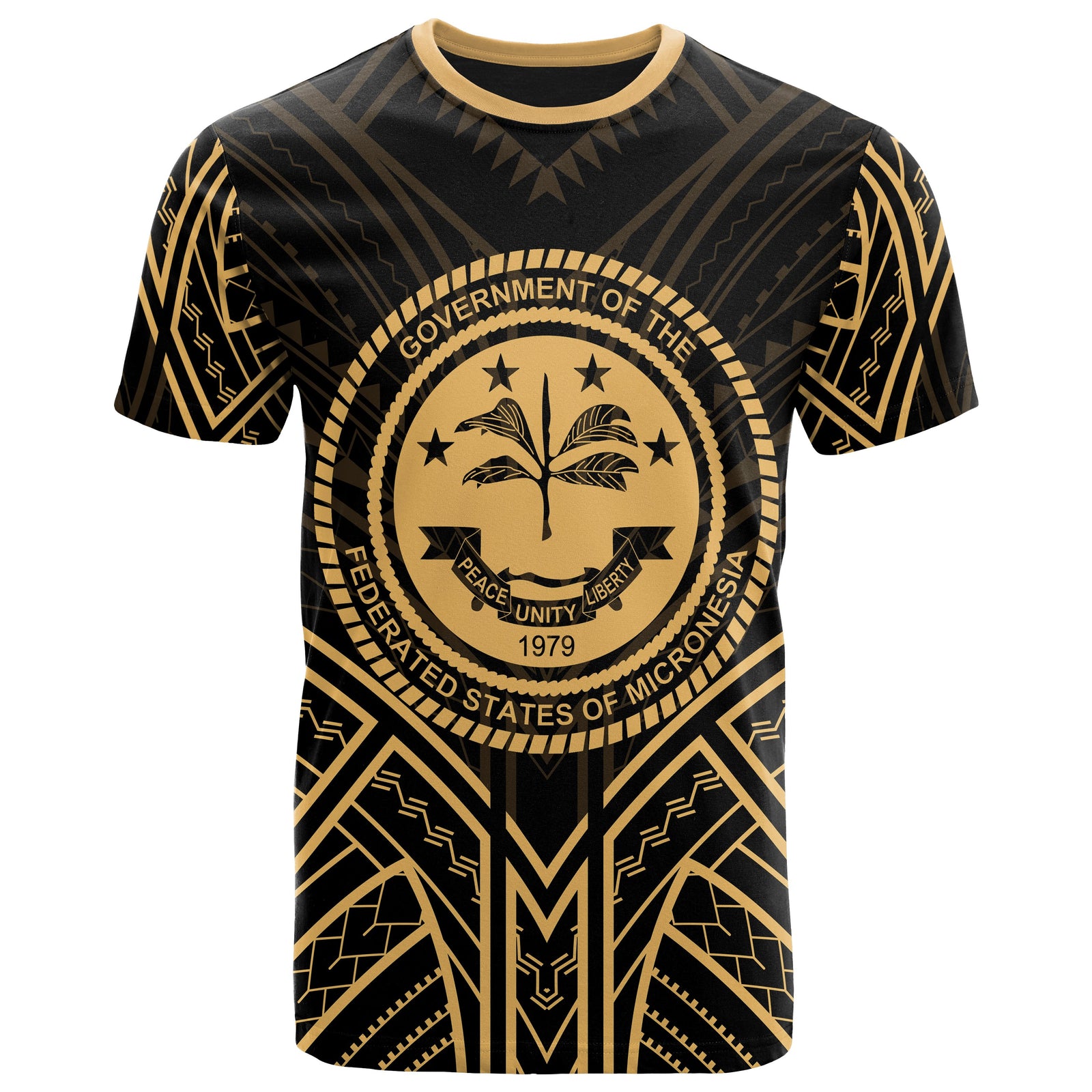 Federated States of Micronesia T Shirt FSM Seal Tribal Gold Color Patterns Unisex Black - Polynesian Pride