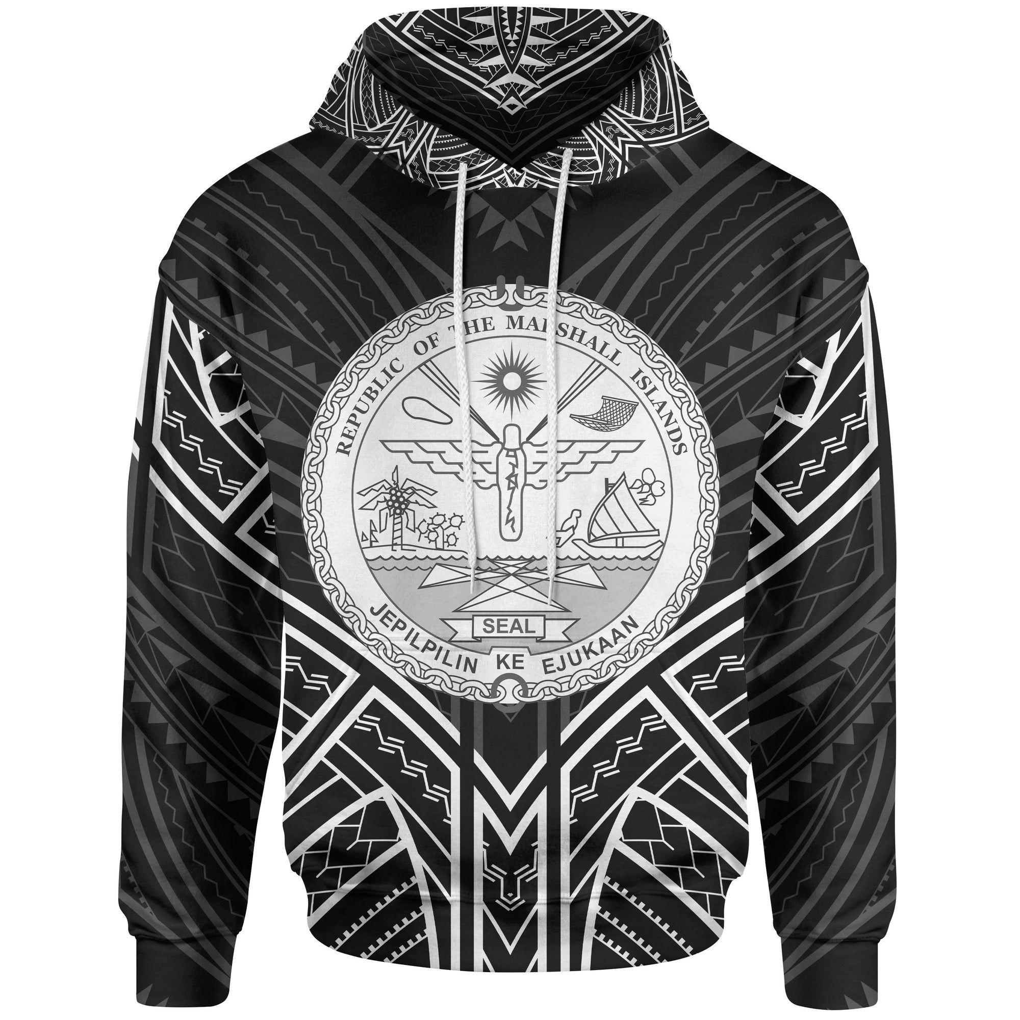 Marshall Islands Hoodie Marshall Islands Seal Black Tribal Patterns Unisex White - Polynesian Pride