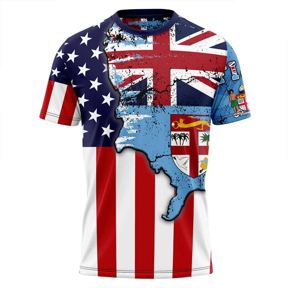 Fiji With America Flag T Shirt LT10 Blue - Polynesian Pride