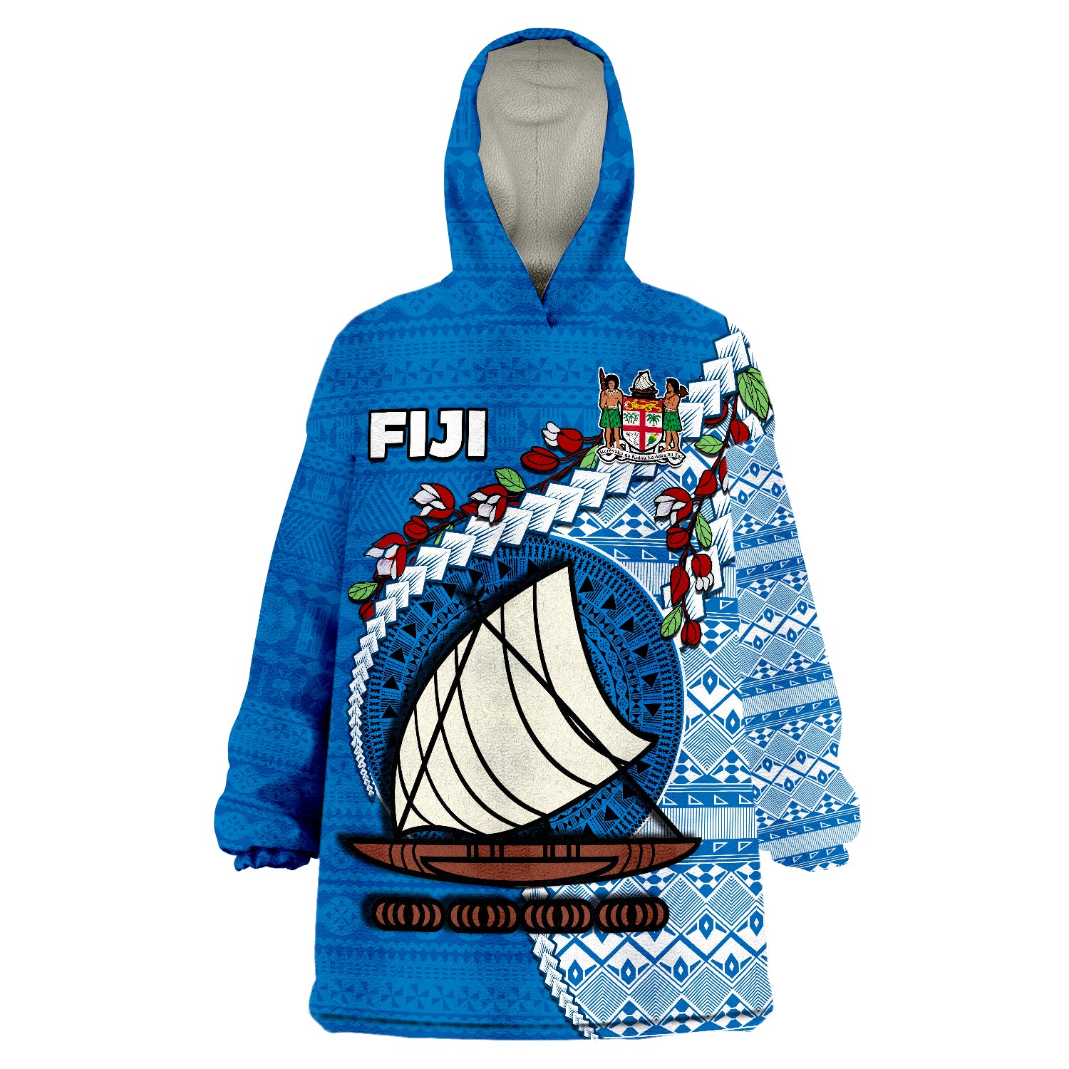 Fiji Fijian Drua Mix Tagimaucia Flower Blue Style Wearable Blanket Hoodie LT14 Unisex One Size - Polynesian Pride