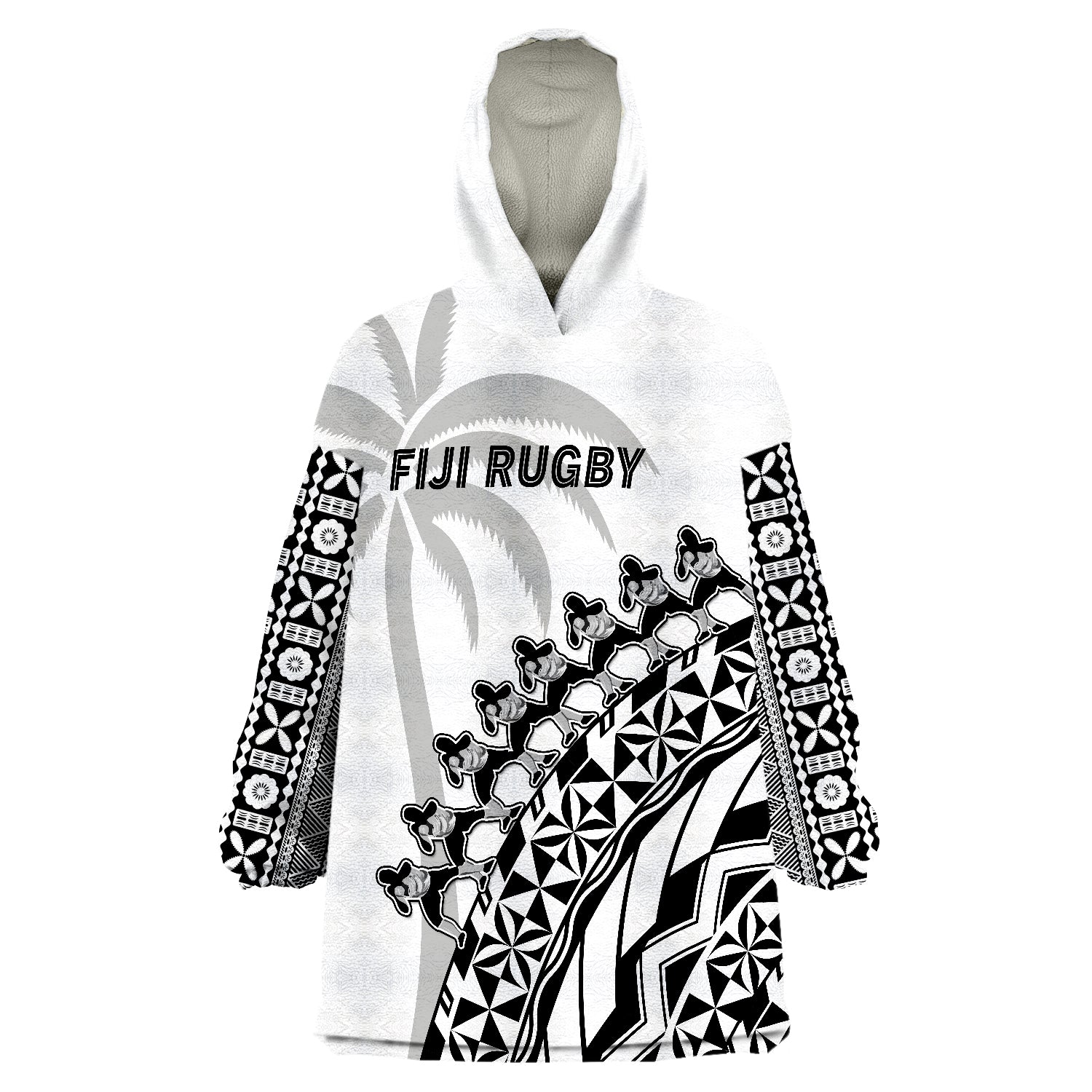 Fiji Rugby Fijian Cibi Dance Tapa Pattern White Wearable Blanket Hoodie LT14 Unisex One Size - Polynesian Pride