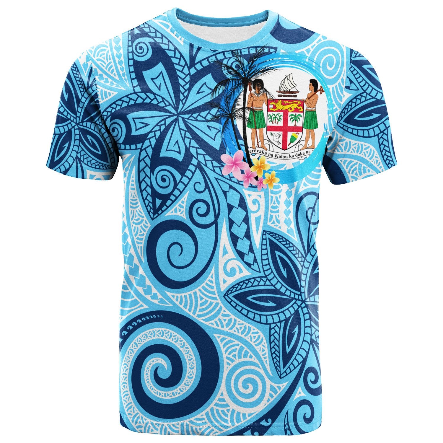 Fiji T Shirt Tribal Plumeria Pattern Unisex Blue - Polynesian Pride