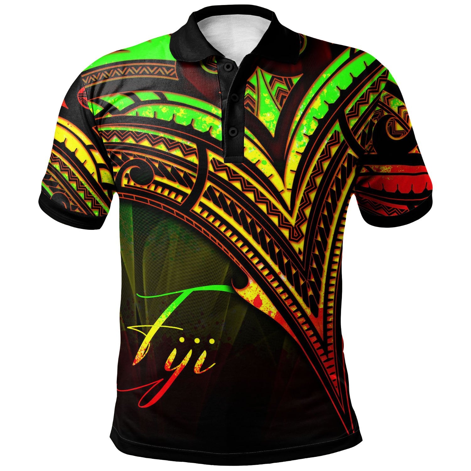 Fiji Polo Shirt Reggae Color Cross Style Unisex Black - Polynesian Pride