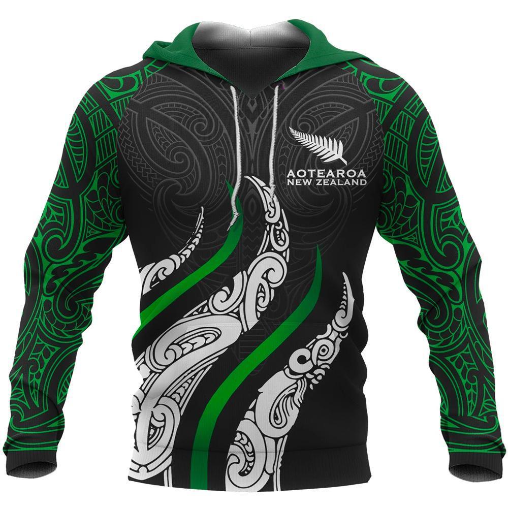 New Zealand Maori Hoodie, Aotearoa Koru Fire Style Hoodie Black - Polynesian Pride