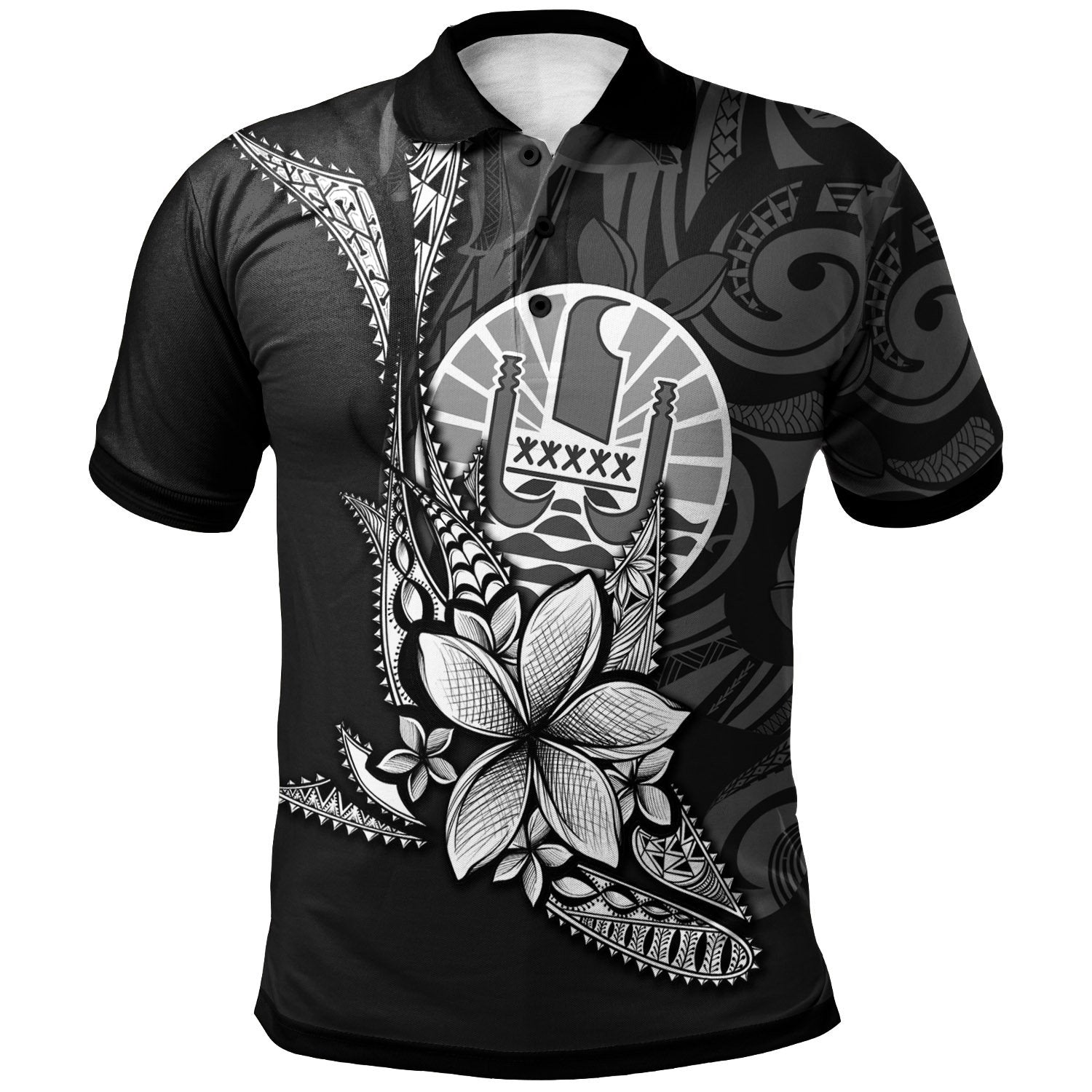 French Polynesia Custom Polo Shirt Fish With Plumeria Flowers Style Unisex Black - Polynesian Pride