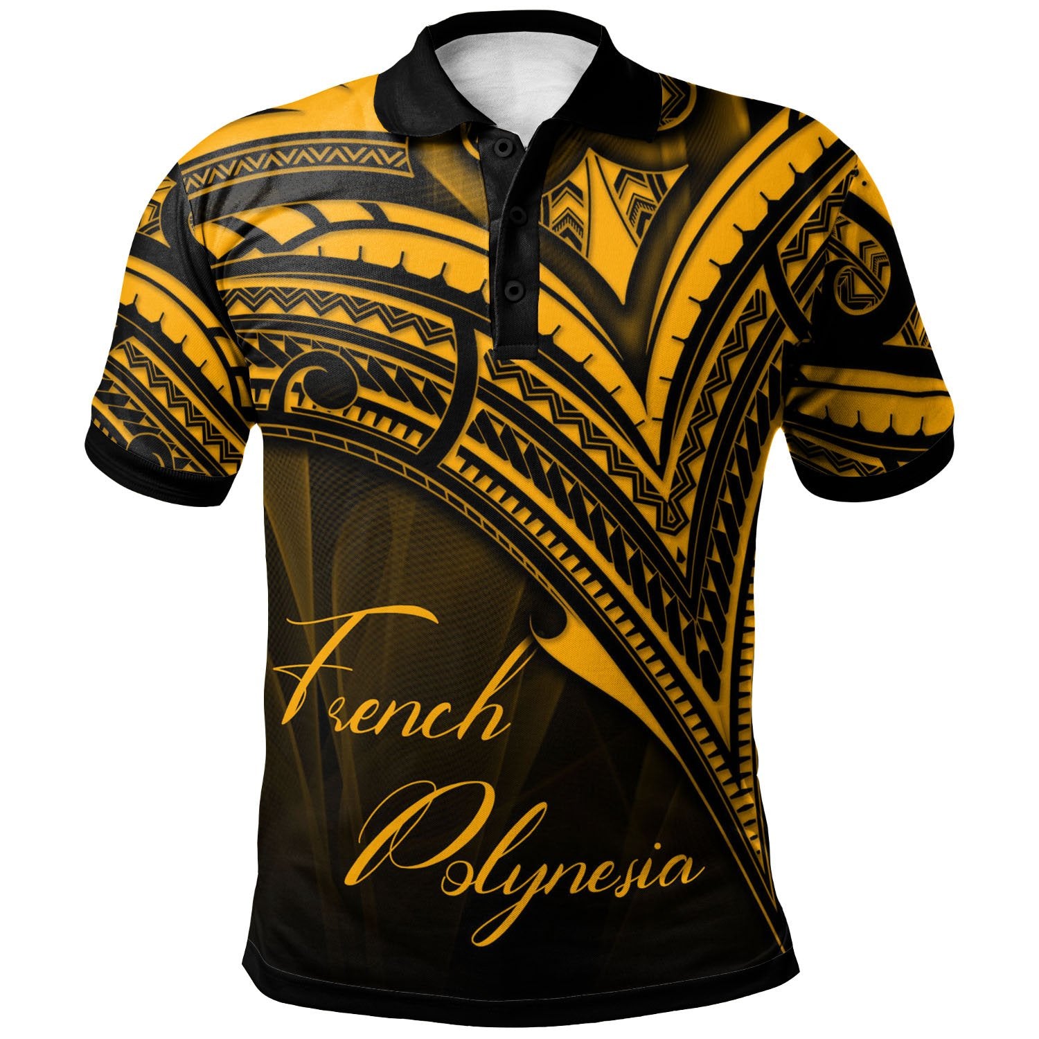 French Polynesia Polo Shirt Gold Color Cross Style Unisex Black - Polynesian Pride