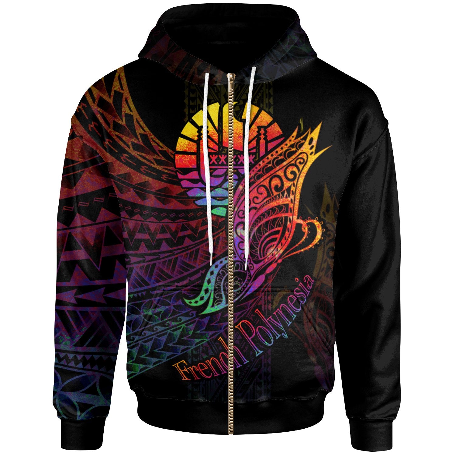 French Polynesia Zip Hoodie Butterfly Polynesian Style Unisex Black - Polynesian Pride