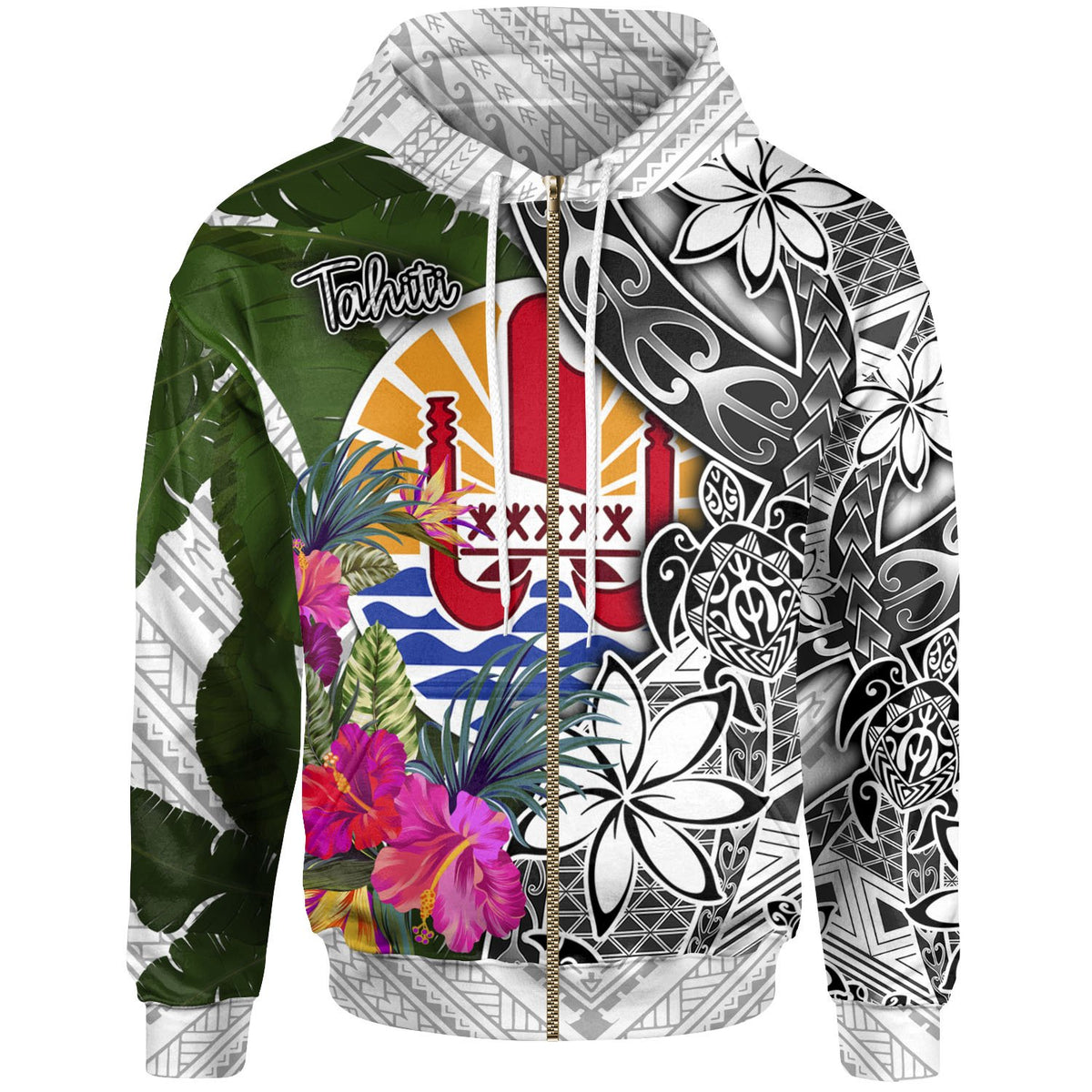Tahiti Zip up Hoodie White Turtle Plumeria Banana Leaf Unisex White - Polynesian Pride