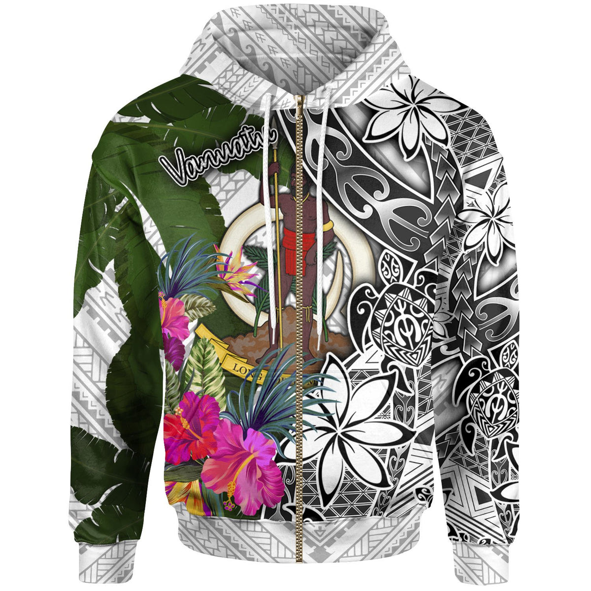 Vanuatu Zip up Hoodie White Turtle Plumeria Banana Leaf Unisex White - Polynesian Pride