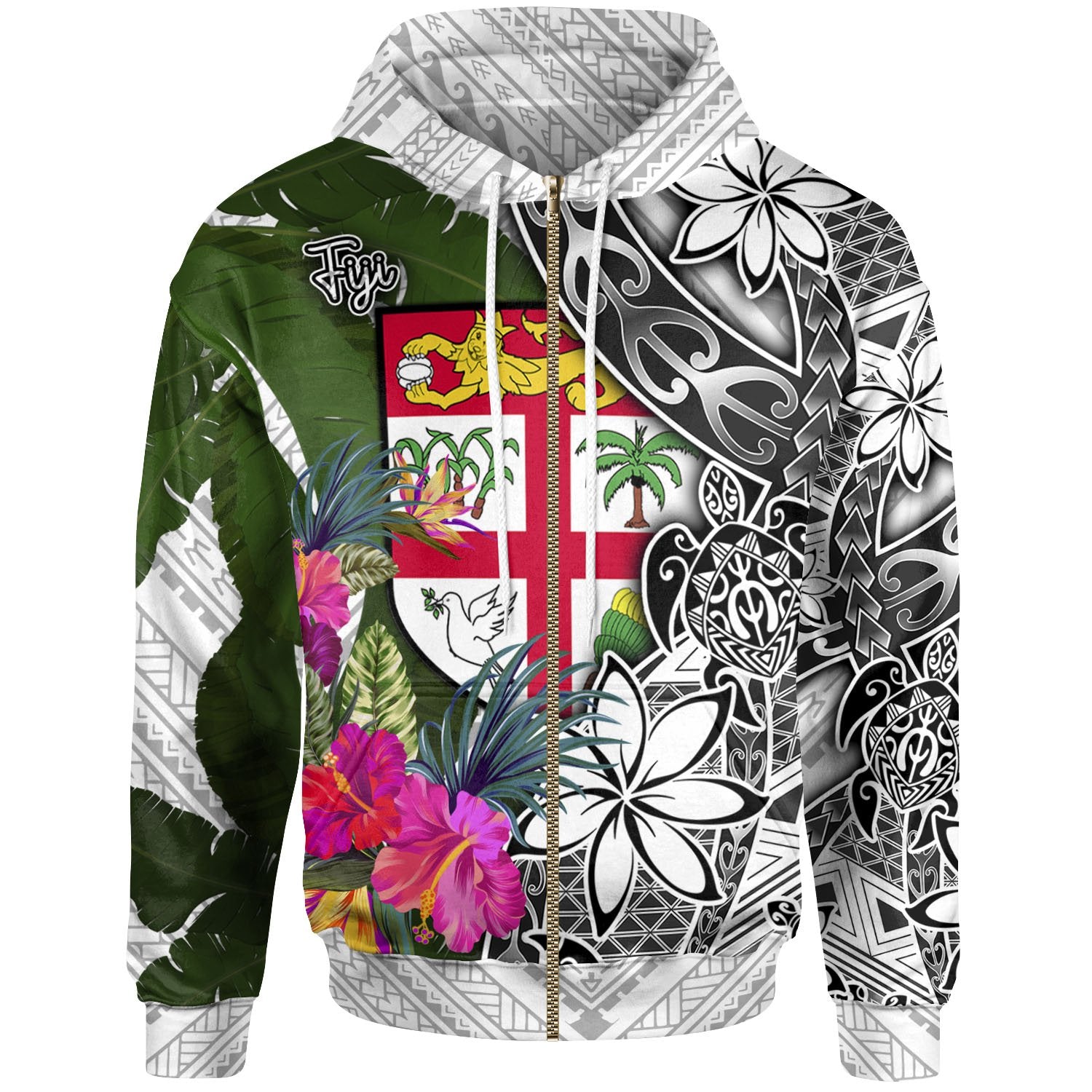 Fiji Zip up Hoodie White Turtle Plumeria Banana Leaf Unisex White - Polynesian Pride
