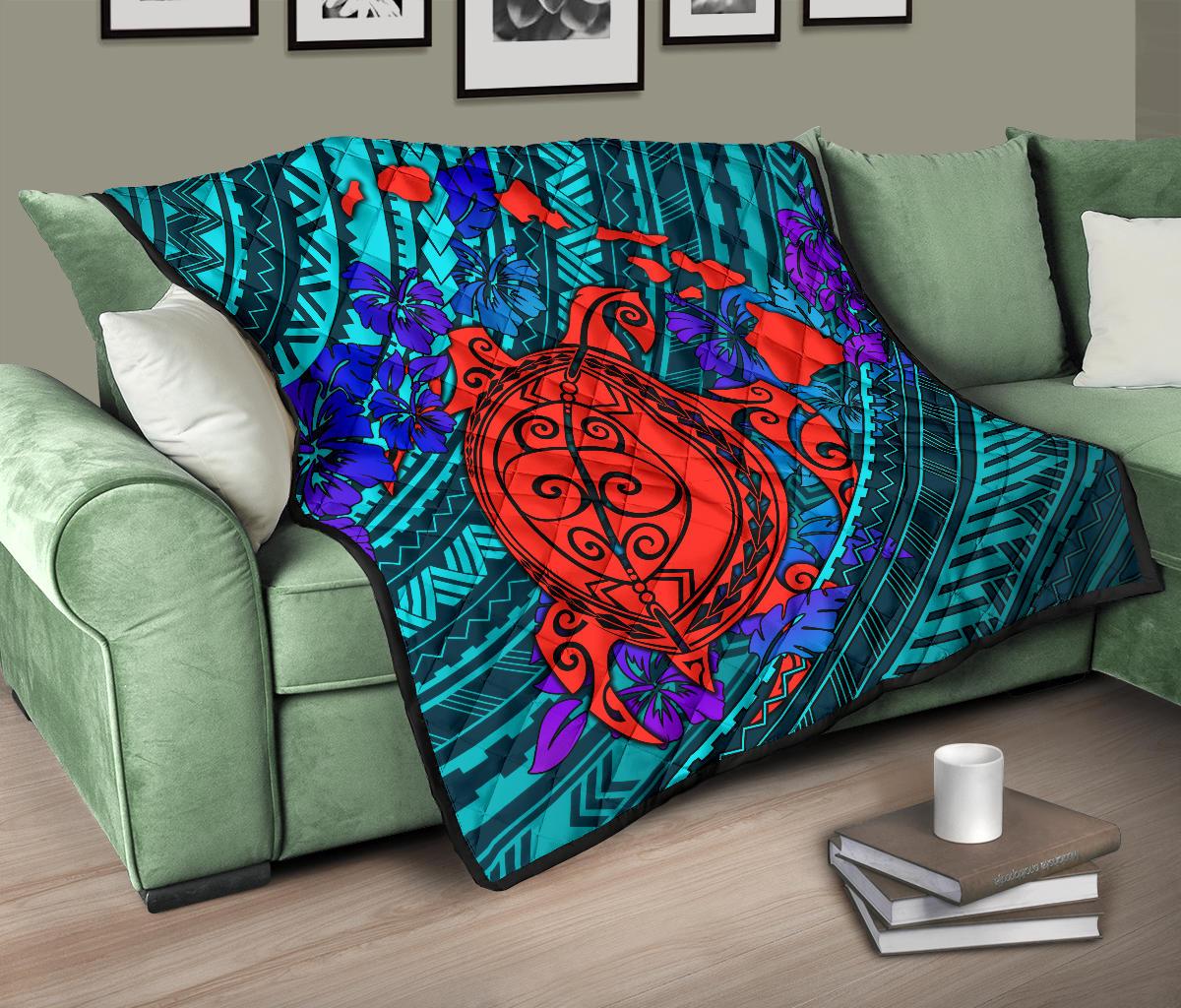Hawaii Polynesian Premium Quilt - Hawaii Red Turtle Map & Purple Hibiscus - Polynesian Pride