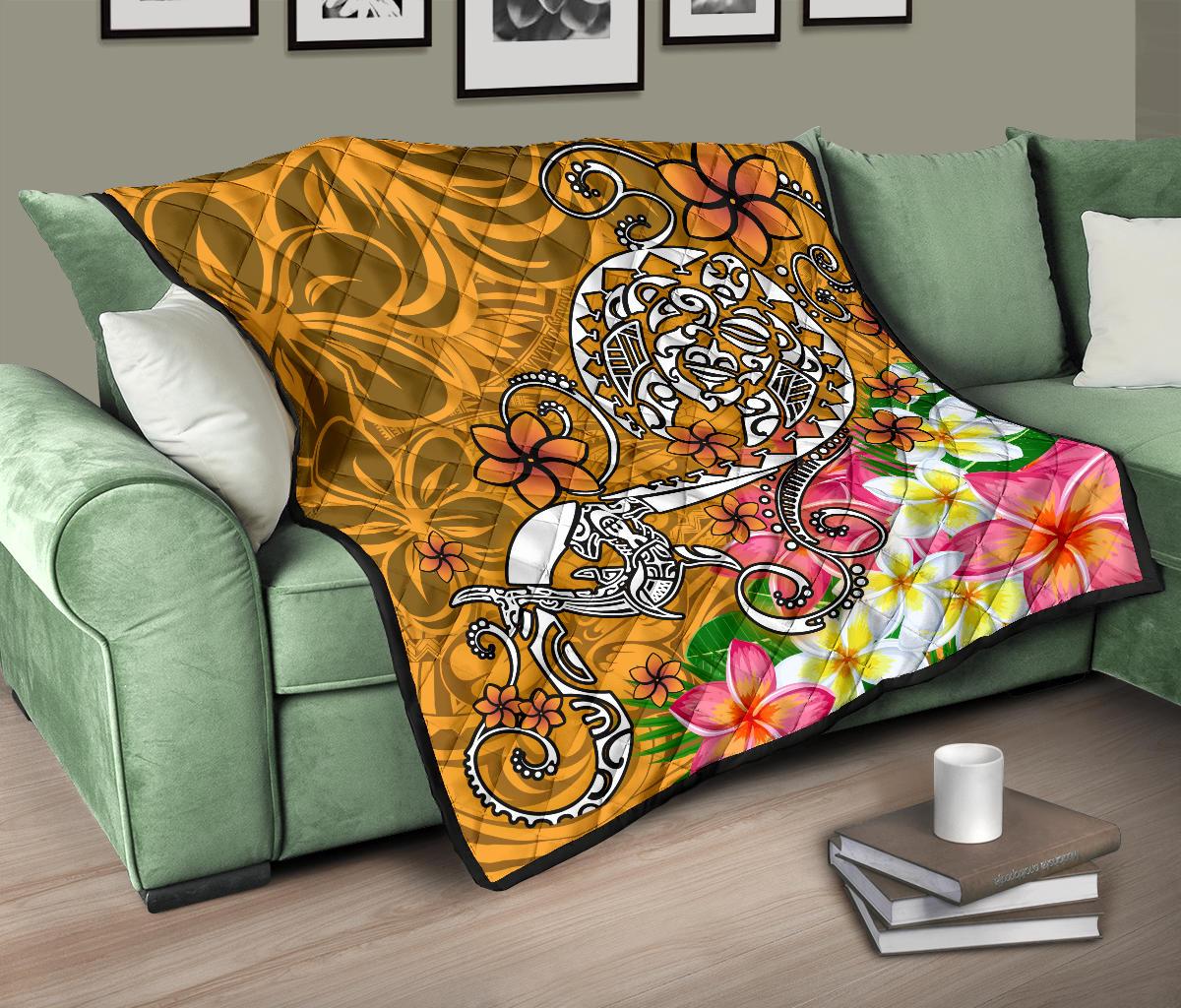 Polynesian Premium Quilt - Turtle Plumeria Gold Color - Polynesian Pride