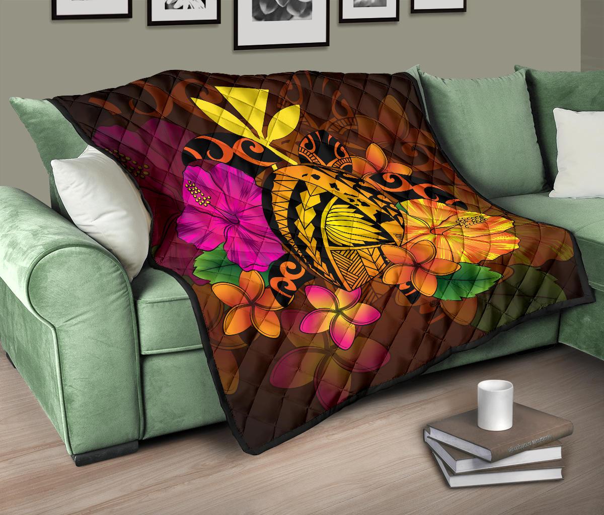 Hawaii Turtle Tribal Map Hibiscus Plumeria Premium Quilt - Polynesian Pride