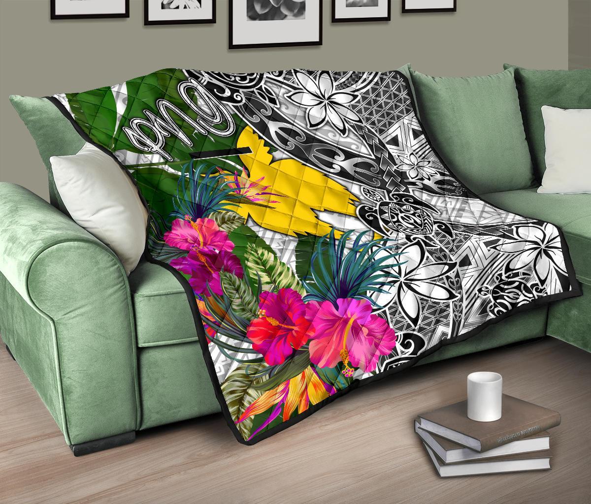 Papua New Guinea Premium Quilt White - Turtle Plumeria Banana Leaf - Polynesian Pride
