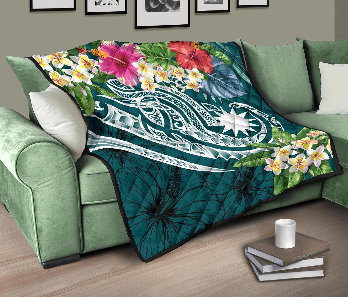 Nauru Polynesian Premium Quilt - Summer Plumeria (Turquoise) - Polynesian Pride