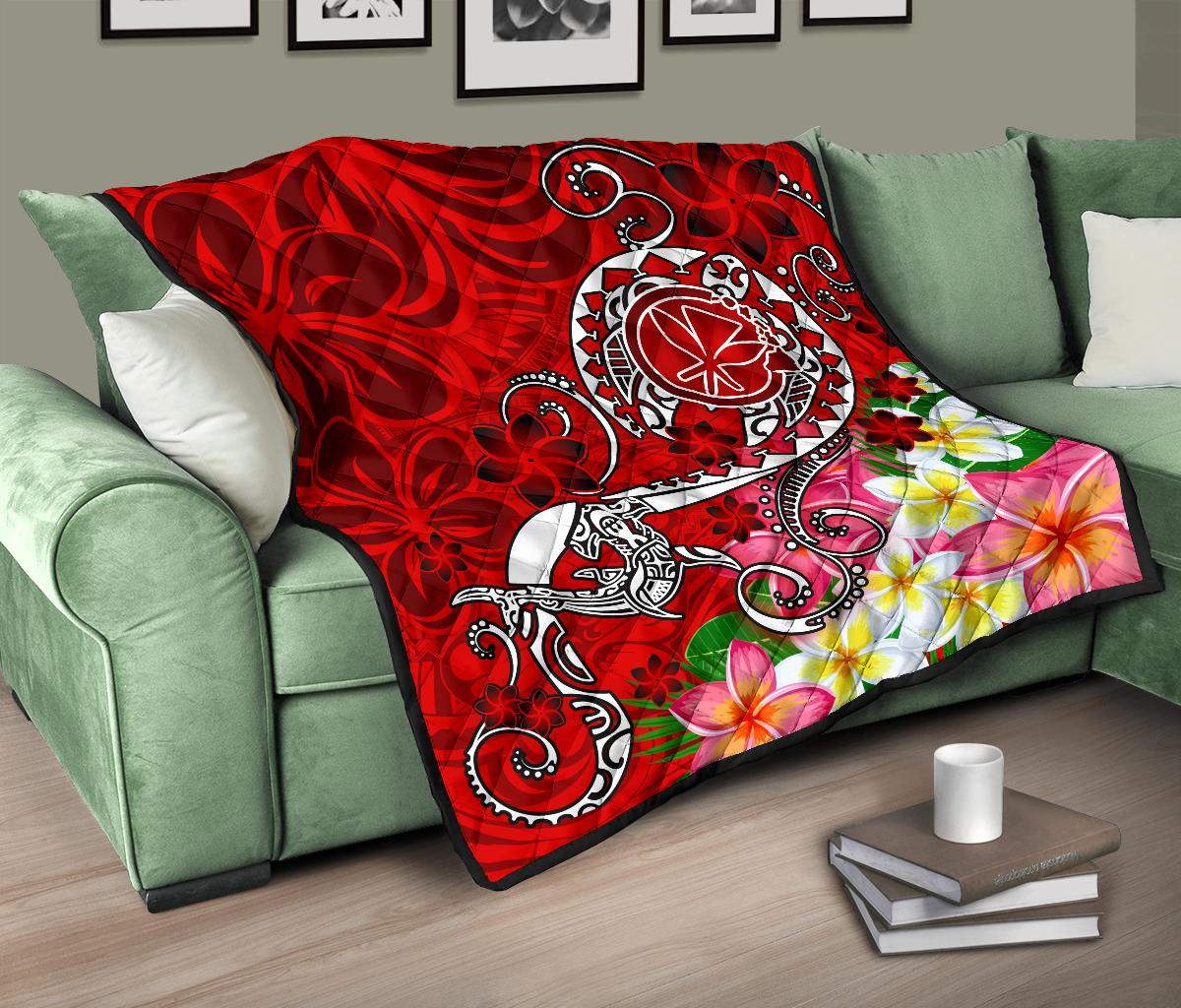 Hawaii Premium Quilt - Turtle Plumeria Polynesian Tattoo Red Color - Polynesian Pride