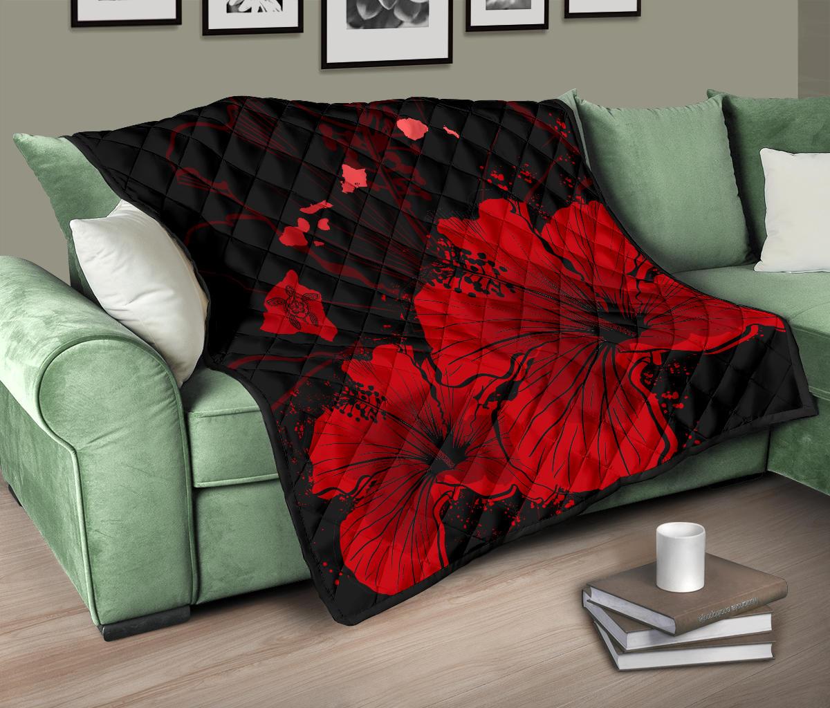 Hawaii Hibiscus Black And Red Premium Quilt - Polynesian Pride