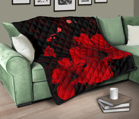 Hawaii Hibiscus Black And Red Premium Quilt - Polynesian Pride