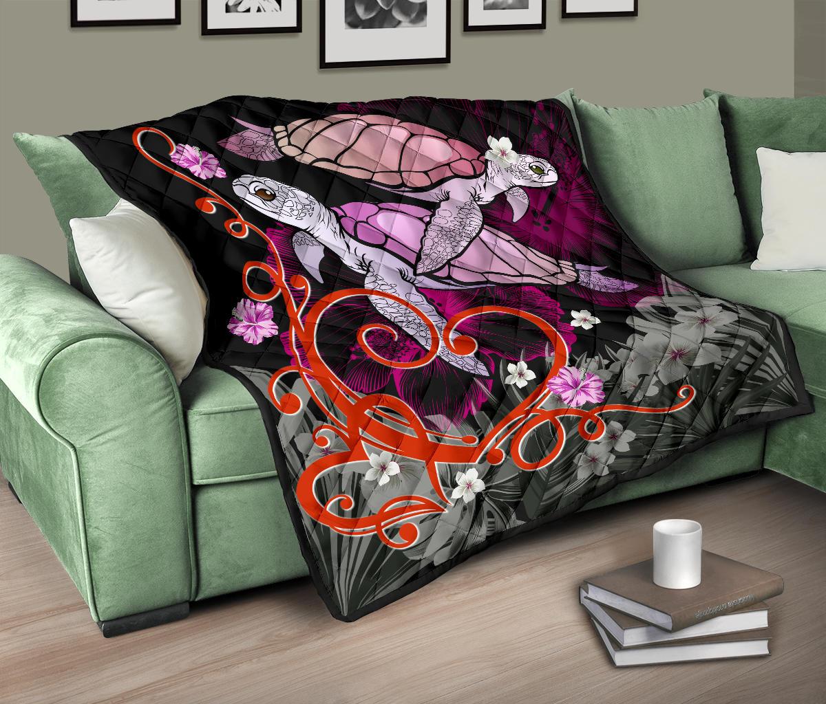 Hawaii Turtle Couple Valentine's Hibiscus Plumeria Premium Quilt - Valentine Style - AH - Polynesian Pride