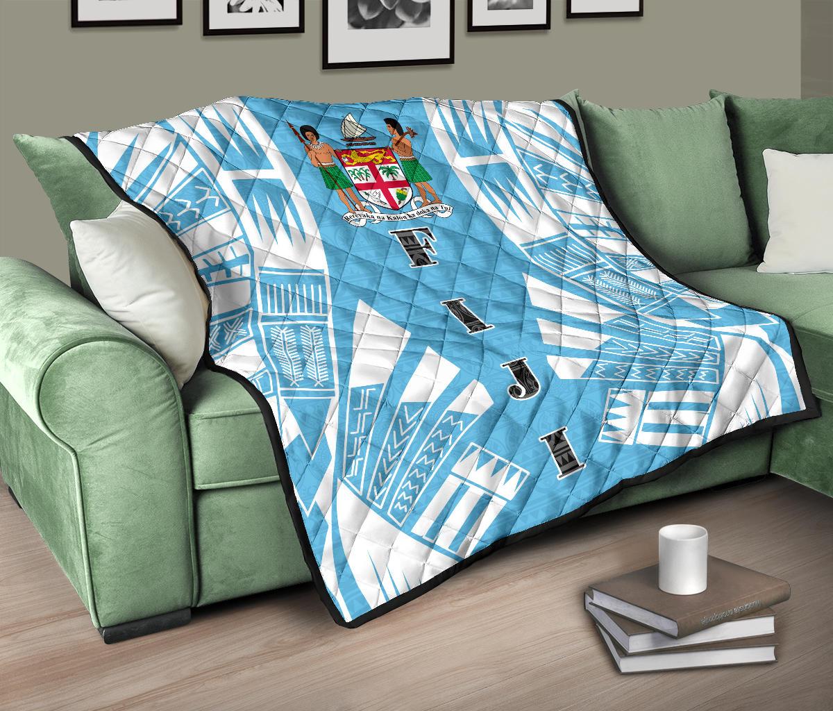 Fiji Premium Quilt - Fiji Coat Of Arms Polynesian White Tattoo (Blue) - Polynesian Pride