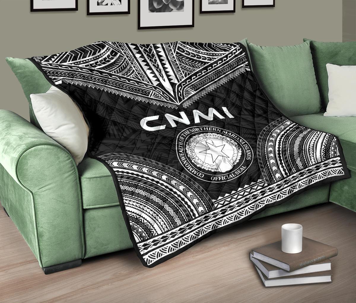 Northern Mariana Islands Premium Quilt - CNMI Seal Polynesian Chief Black Version - Polynesian Pride