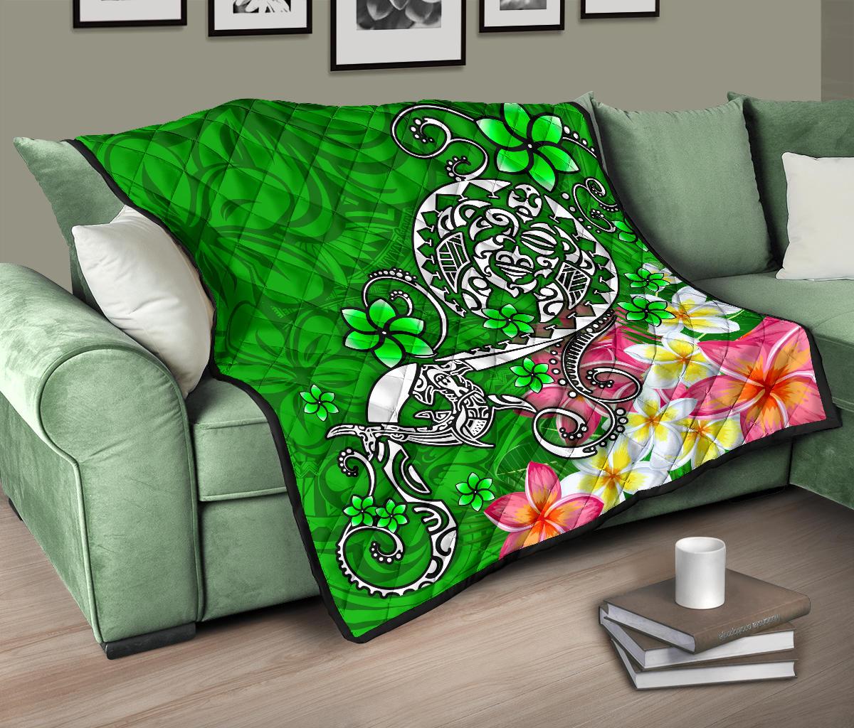 Polynesian Premium Quilt - Turtle Plumeria Green Color - Polynesian Pride