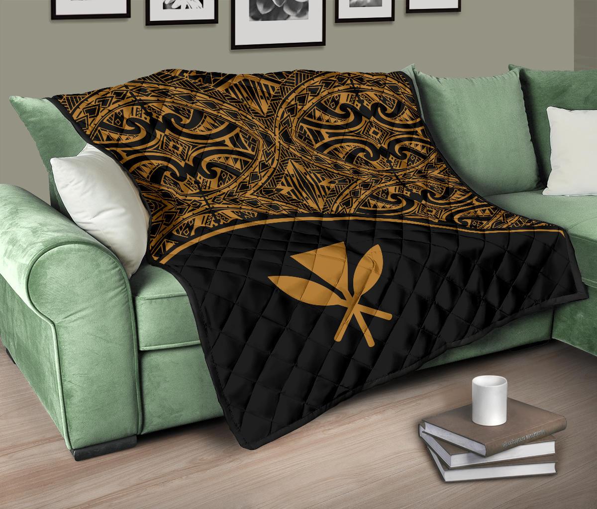 Hawaii Polynesian Premium Quilt - Yellow Kanaka Maoli Curve Version - Polynesian Pride