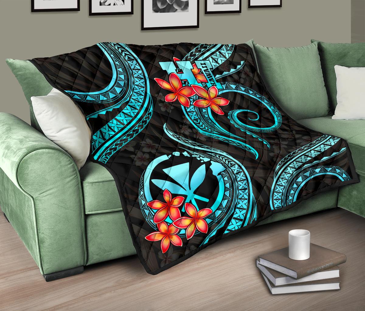 Polynesian Hawaii Premium Quilt - Turquoise Plumeria - Polynesian Pride