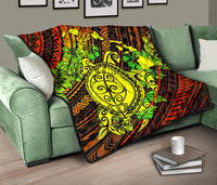 Hawaii Polynesian Premium Quilt - Hawaii Yellow Turtles Map & Green Hibiscus - Polynesian Pride